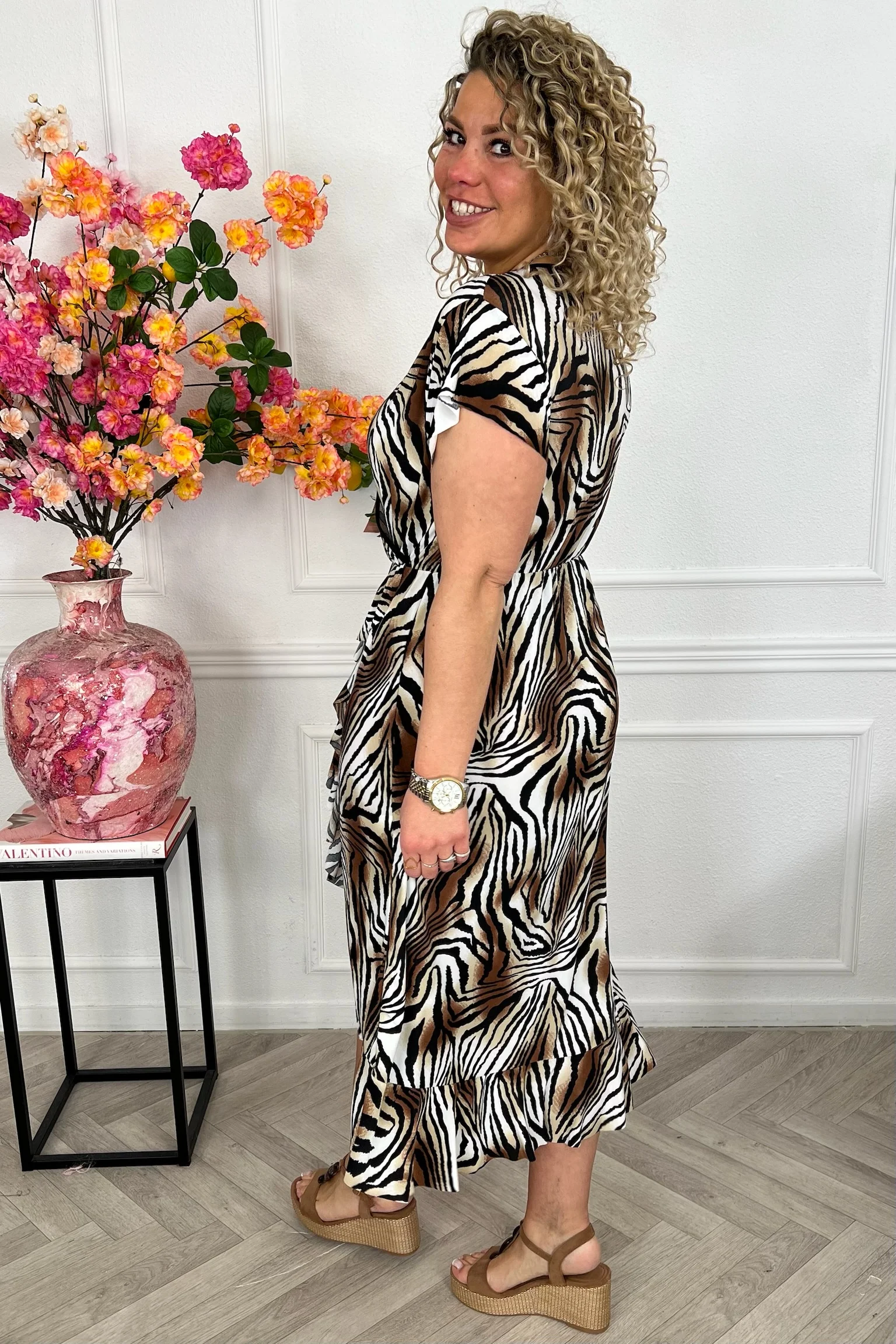 Spanish Zebra Ruffle Dress - Black/White/Brown - Image 4