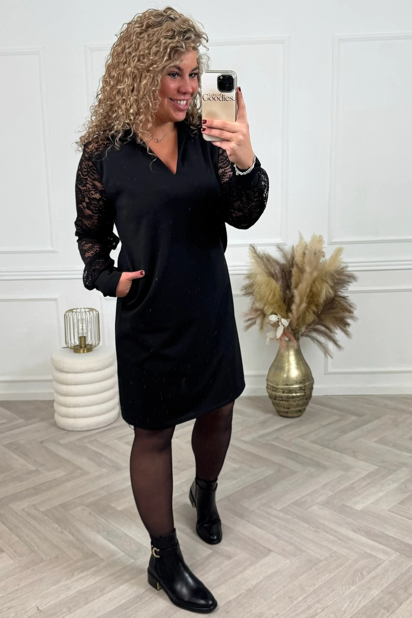 Straight Lace Sleeves Dress - Black - Image 3