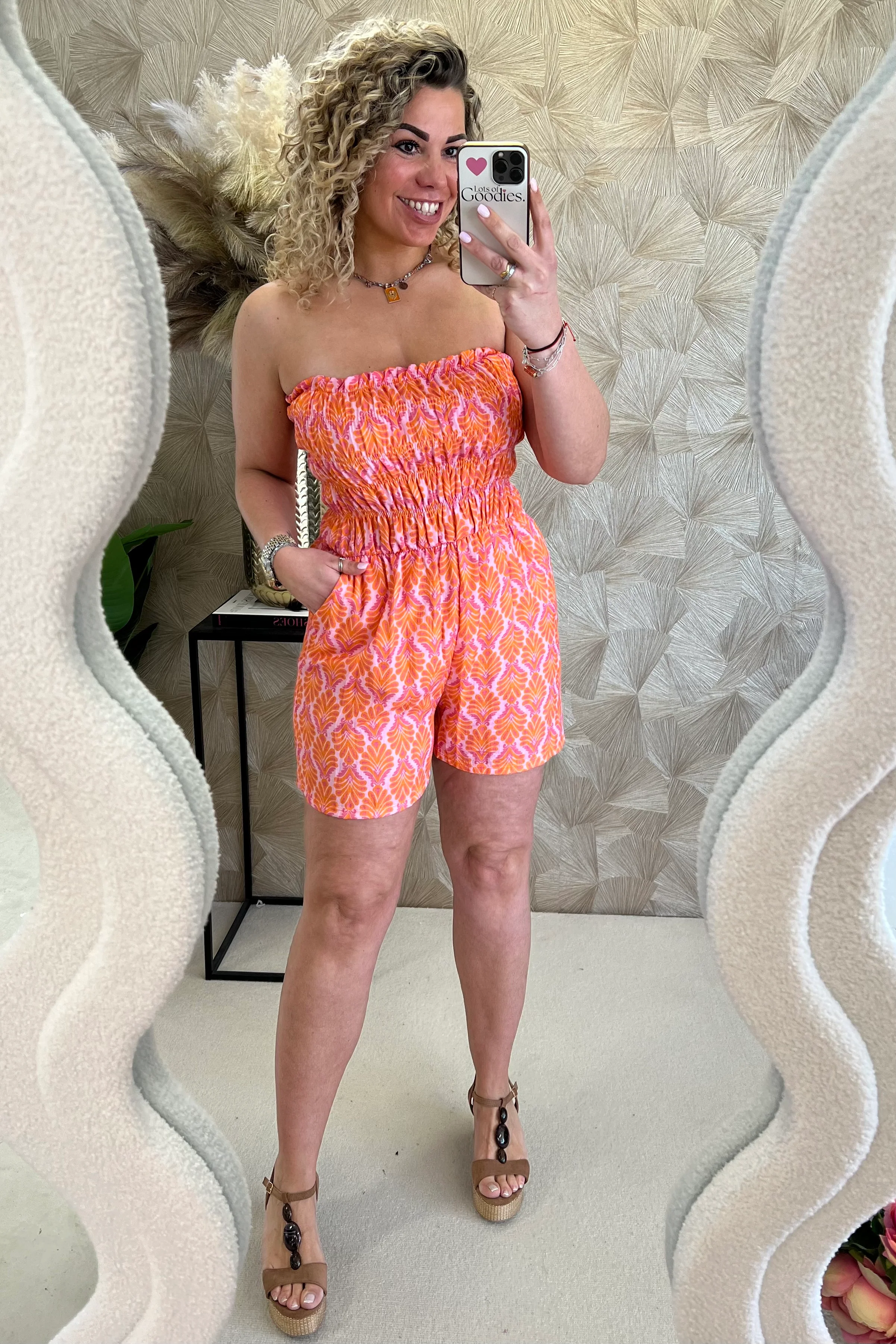 Strapless Summer Fountain Jumpsuit - Orange/Pink - Image 5