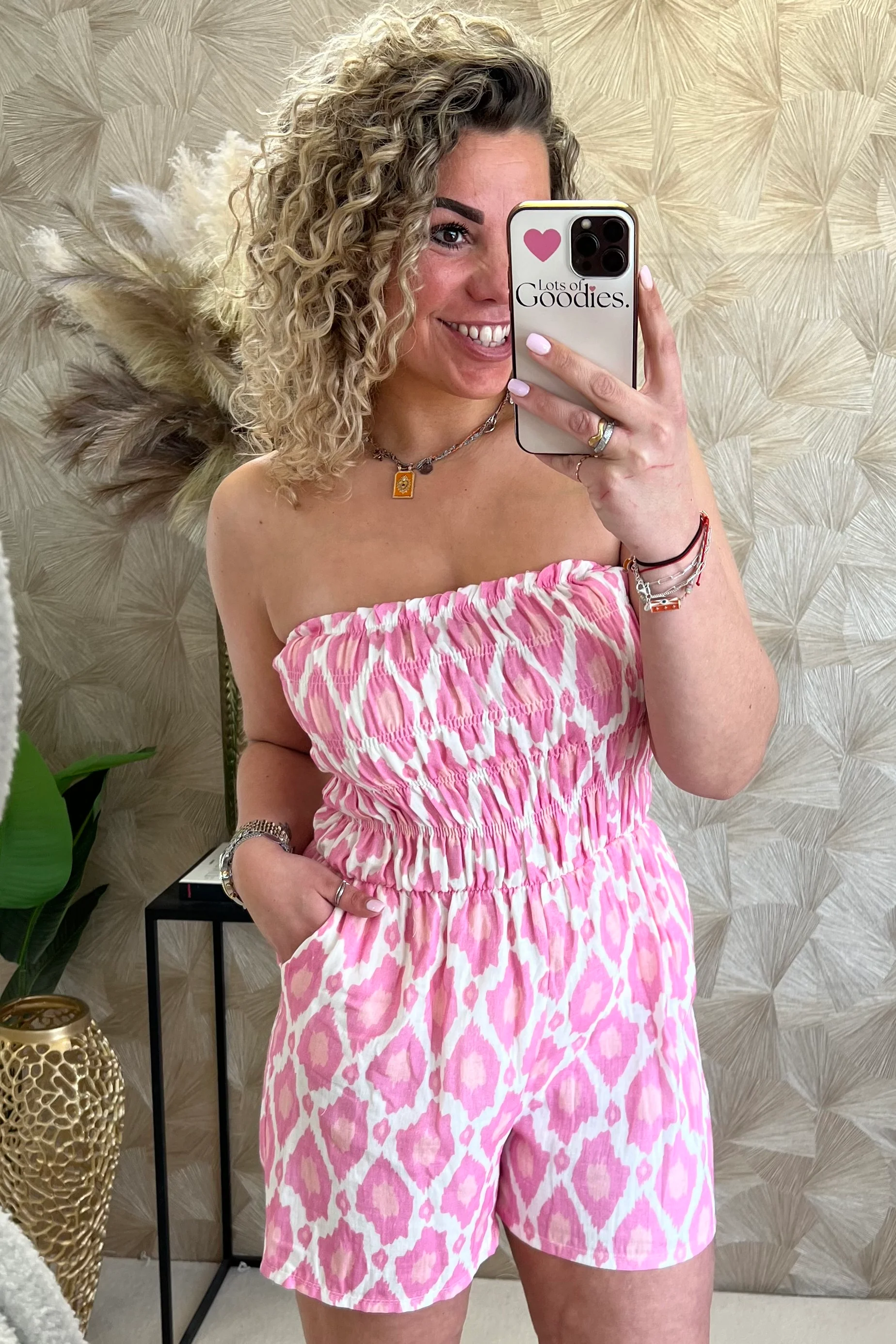 Strapless Summer Spots Jumpsuit - Pink/White