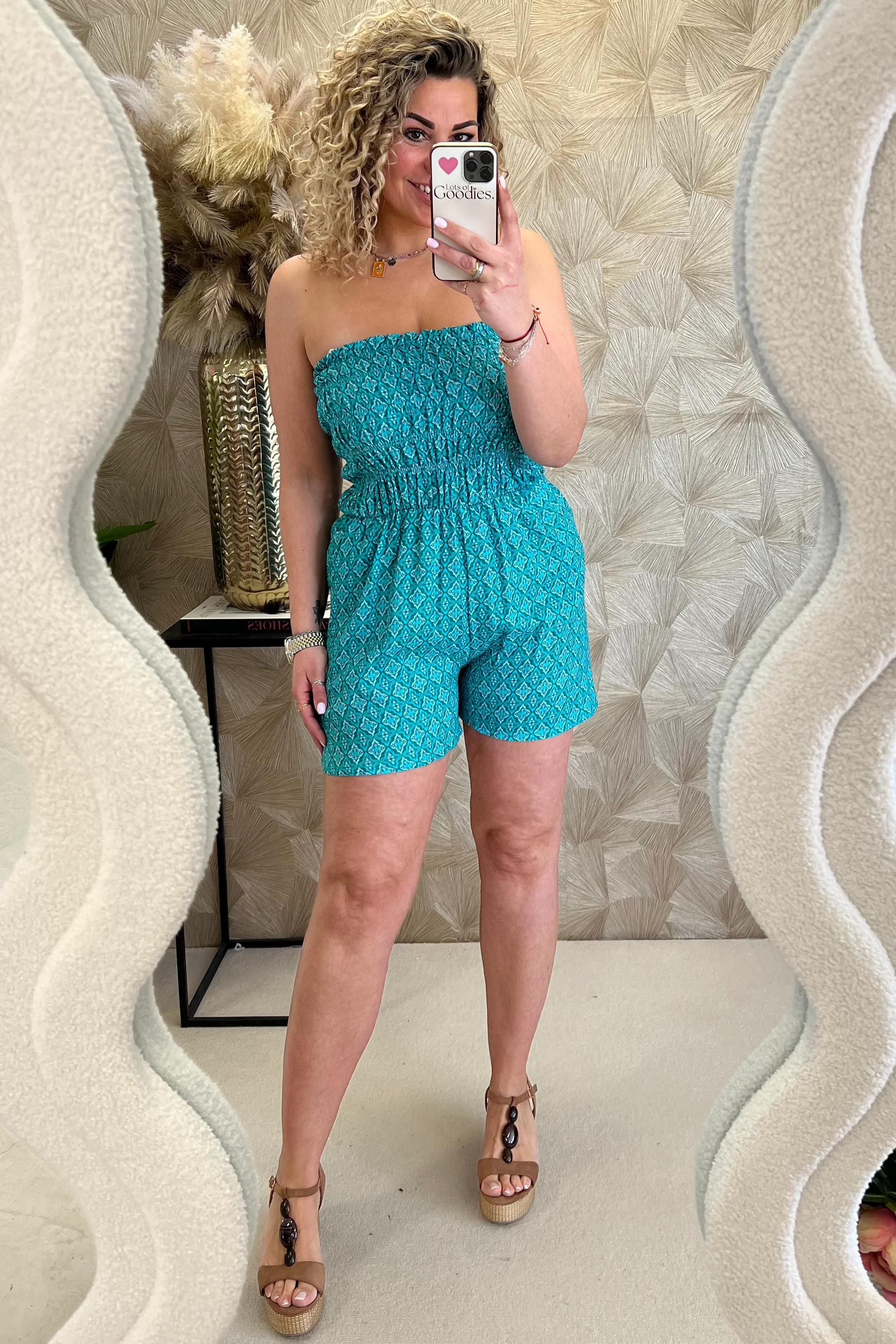 Strapless Summer Tropical Jumpsuit - Turquoise/Pink
