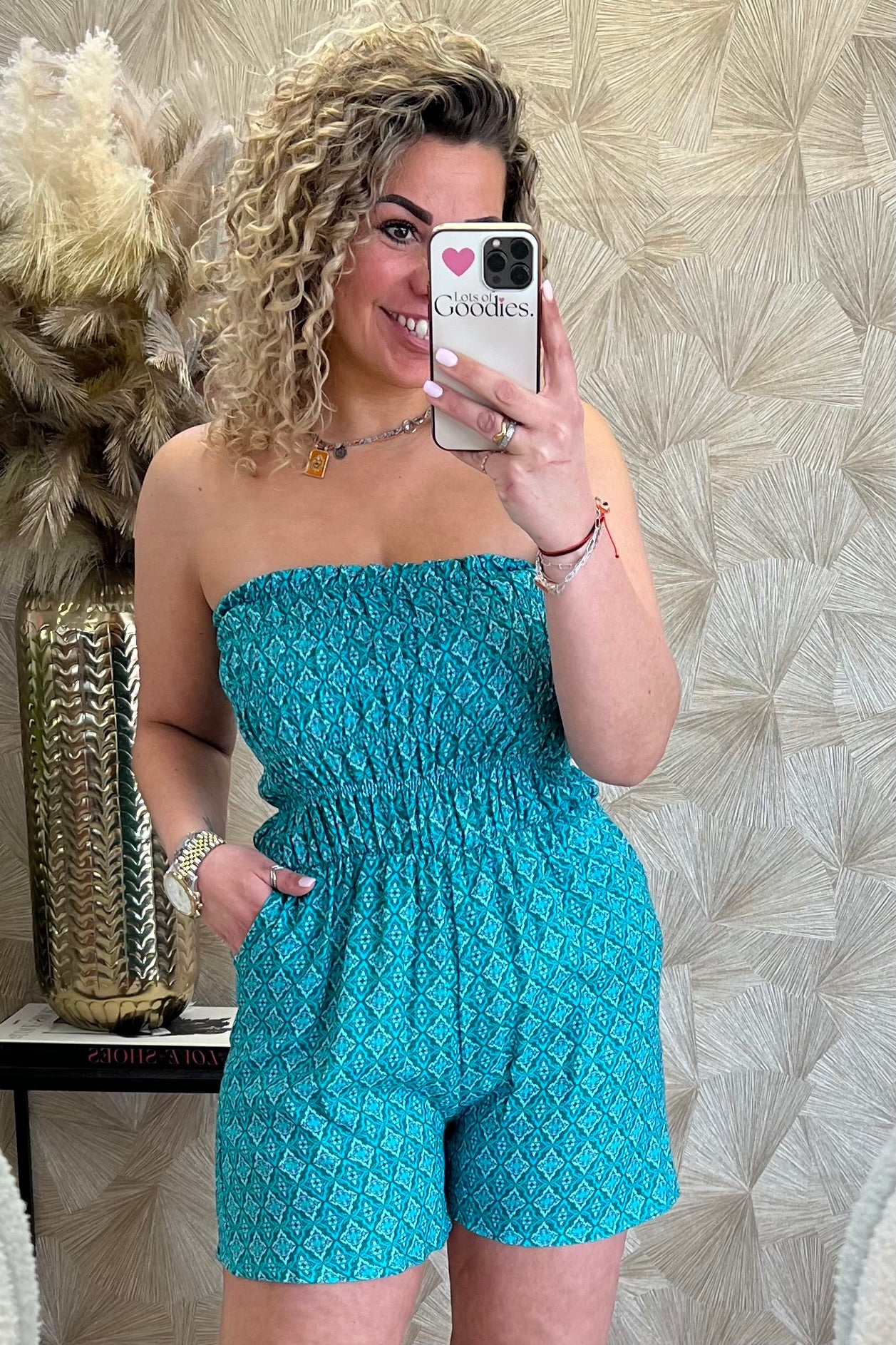 Strapless Summer Tropical Jumpsuit - Turquoise/Pink - Image 2