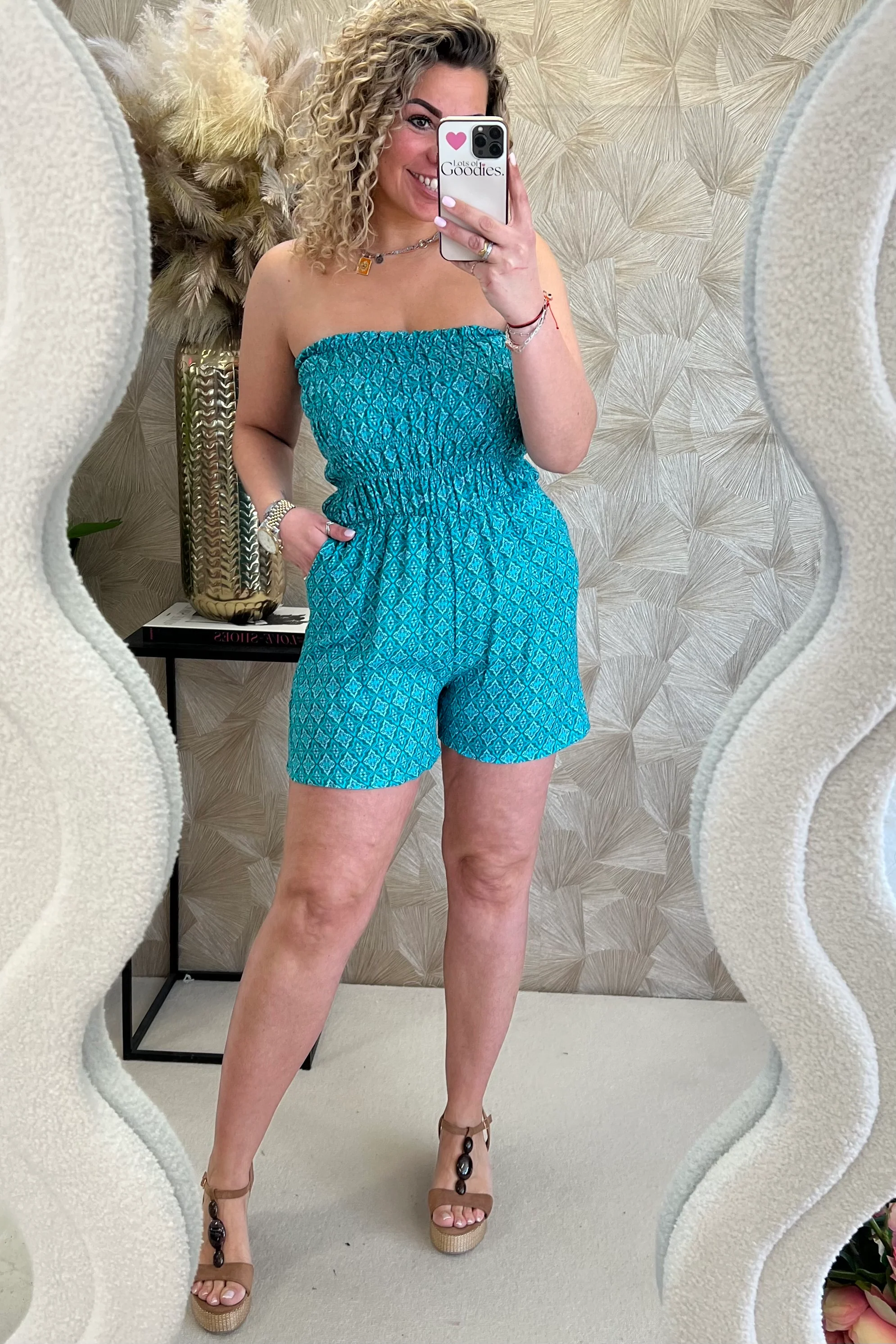 Strapless Summer Tropical Jumpsuit - Turquoise/Pink - Image 3