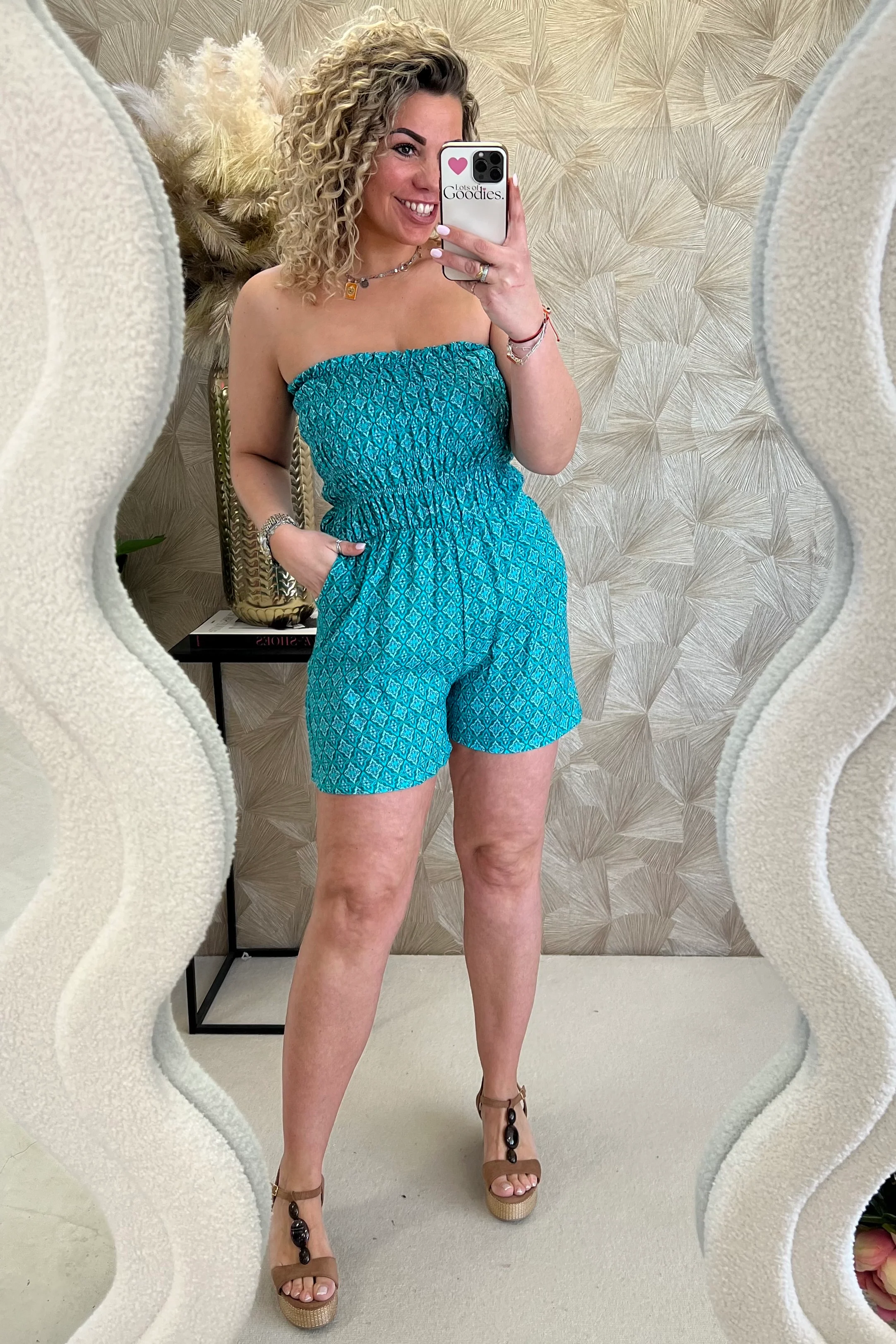 Strapless Summer Tropical Jumpsuit - Turquoise/Pink - Image 4