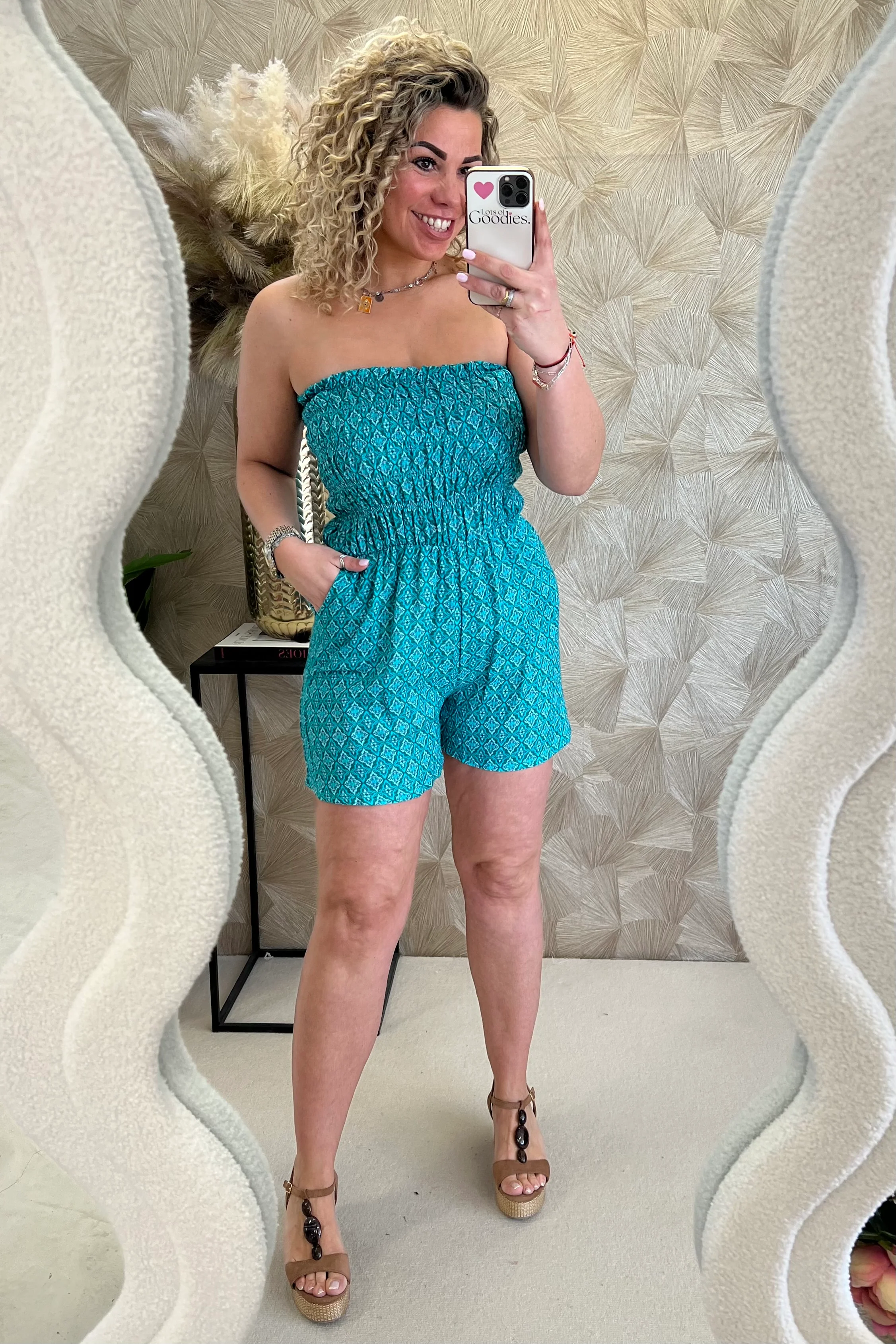 Strapless Summer Tropical Jumpsuit - Turquoise/Pink - Image 5
