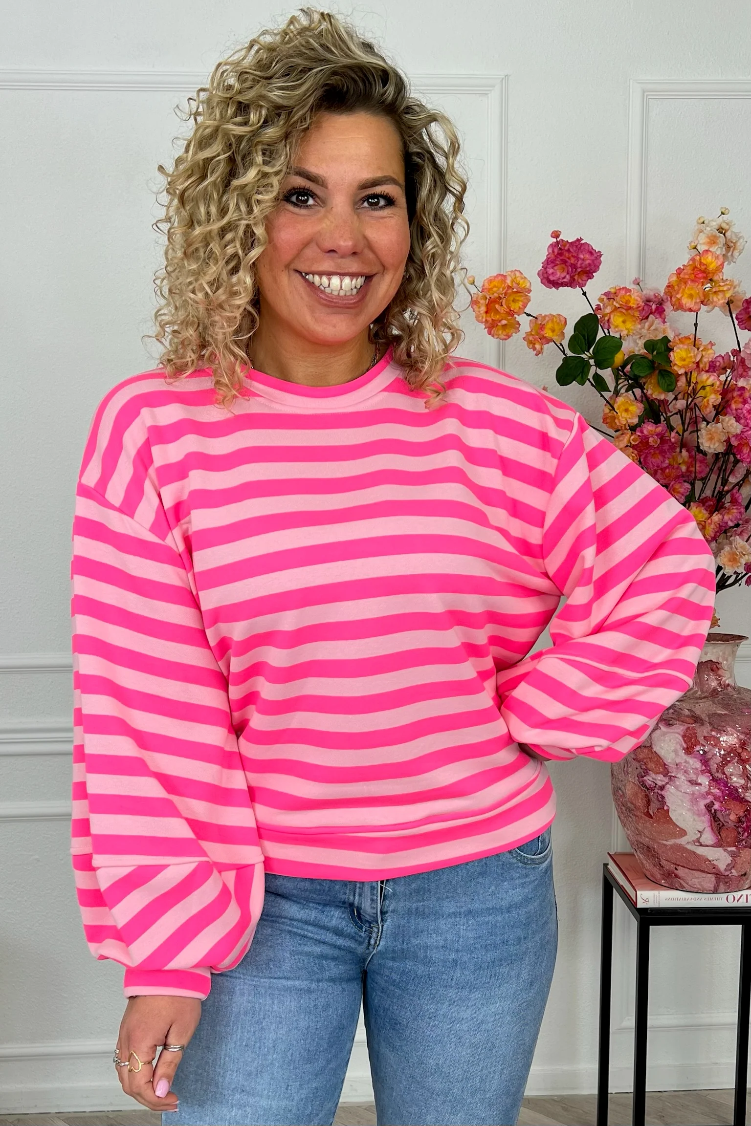 Striped Balloon Sleeve Sweater - Fuchsia/Pink
