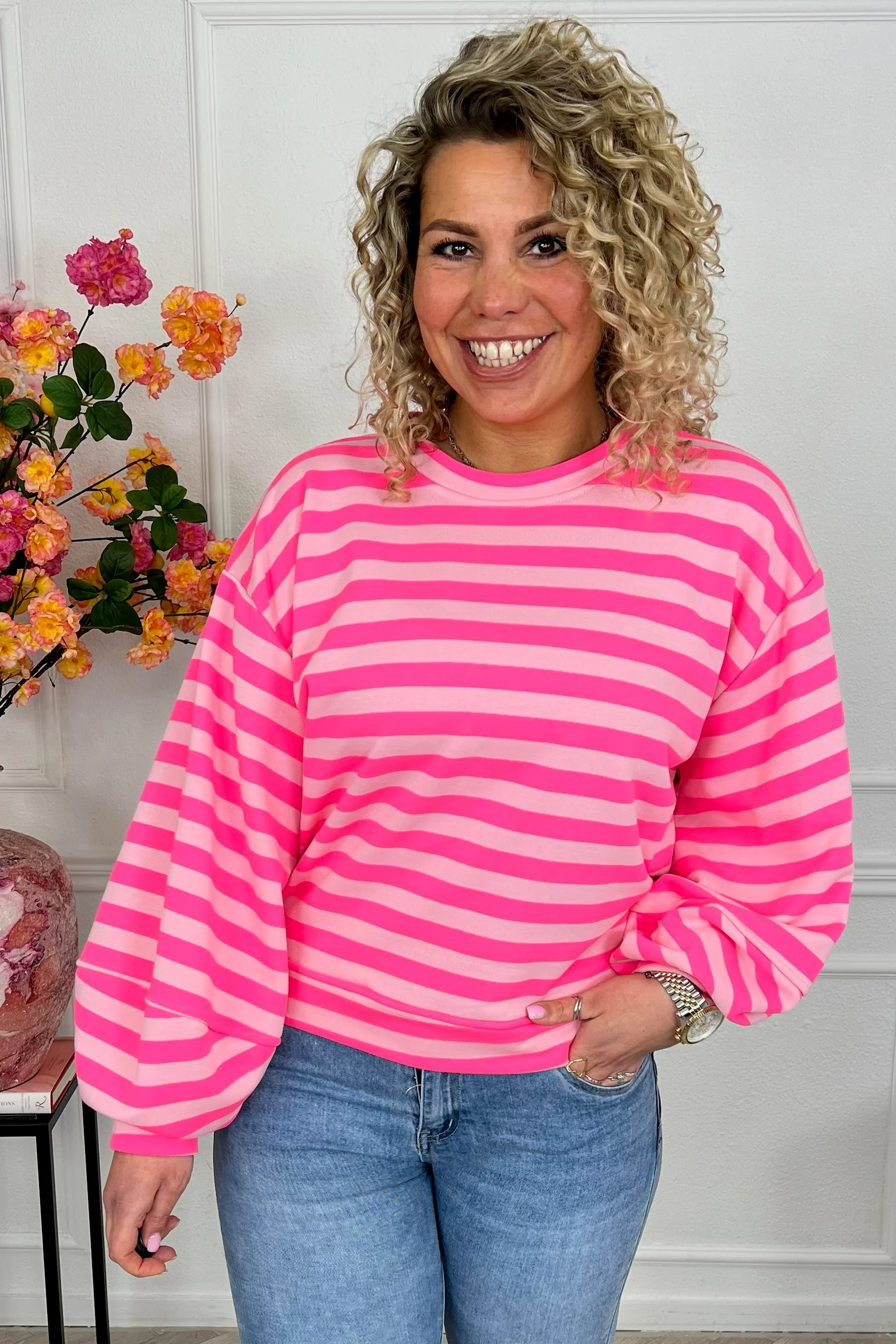 Striped Balloon Sleeve Sweater - Fuchsia/Pink - Image 2