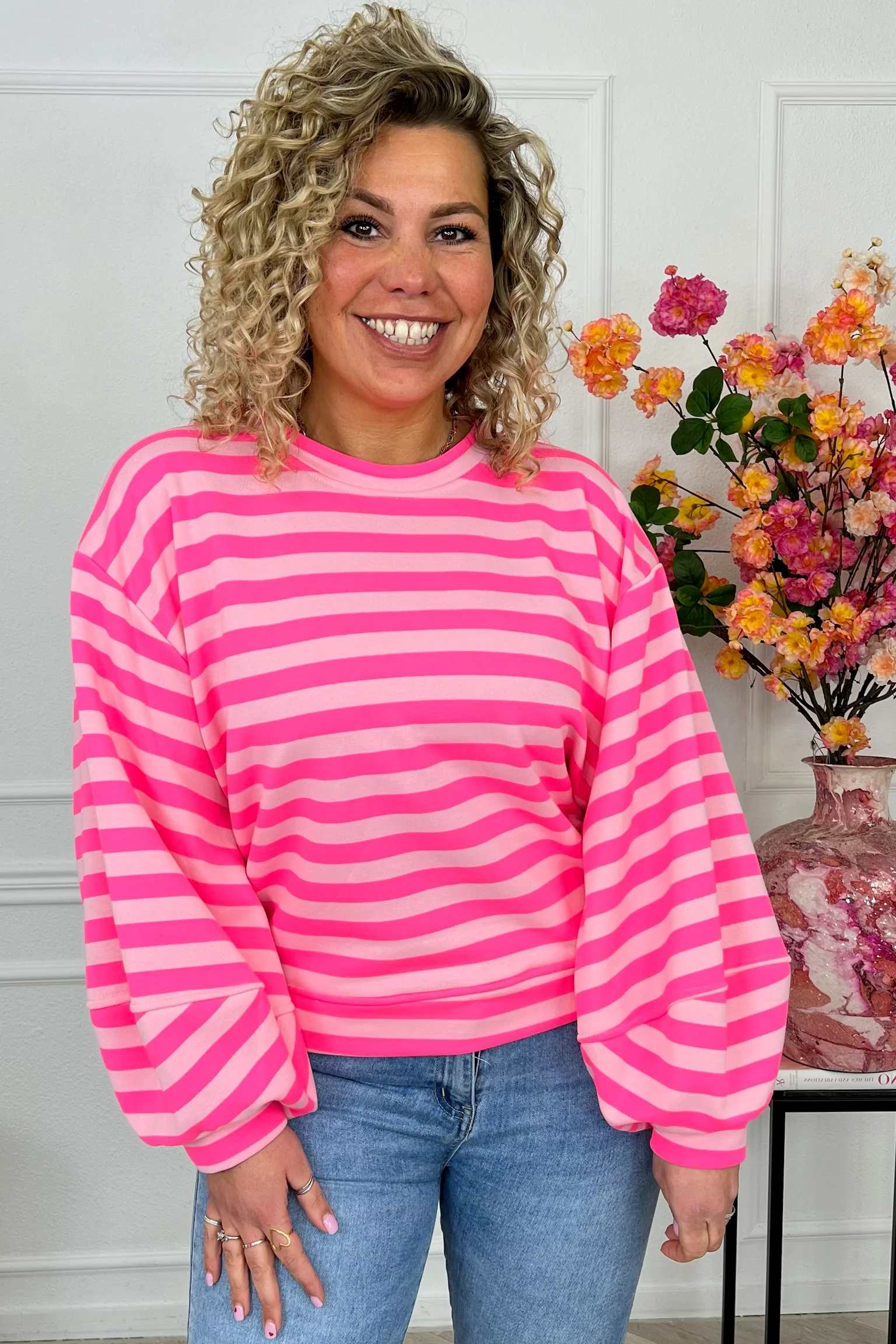 Striped Balloon Sleeve Sweater - Fuchsia/Pink - Image 5