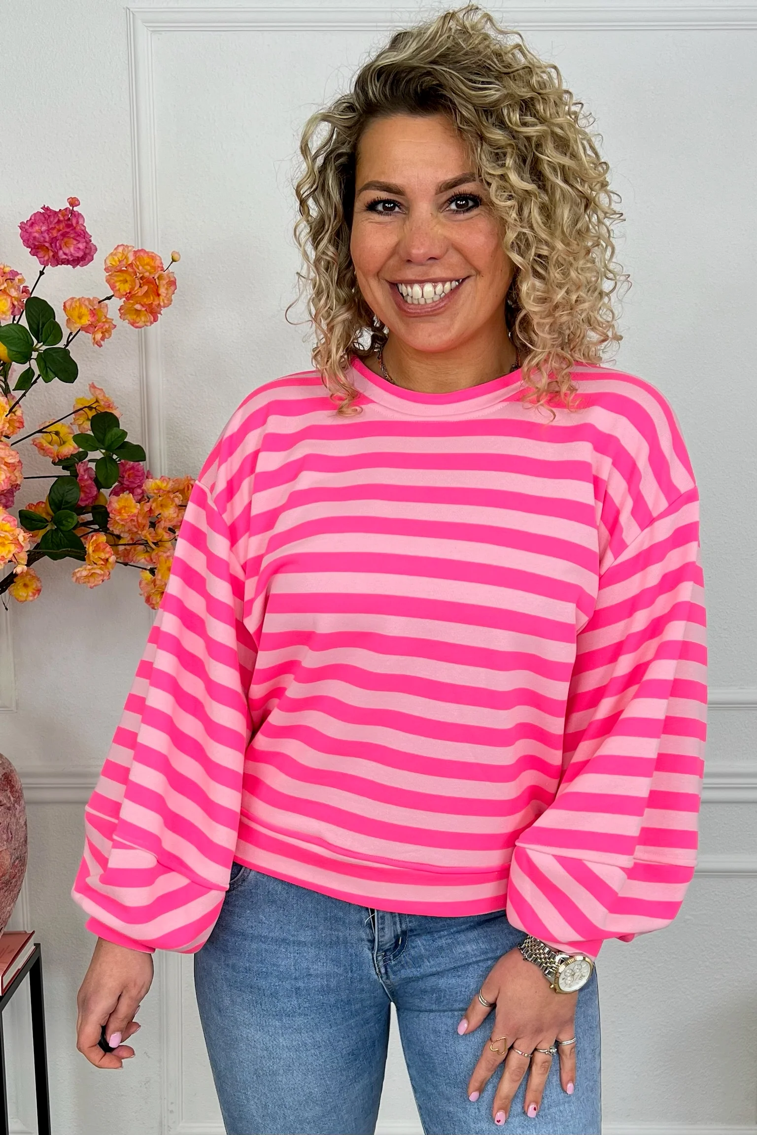 Striped Balloon Sleeve Sweater - Fuchsia/Pink - Image 6