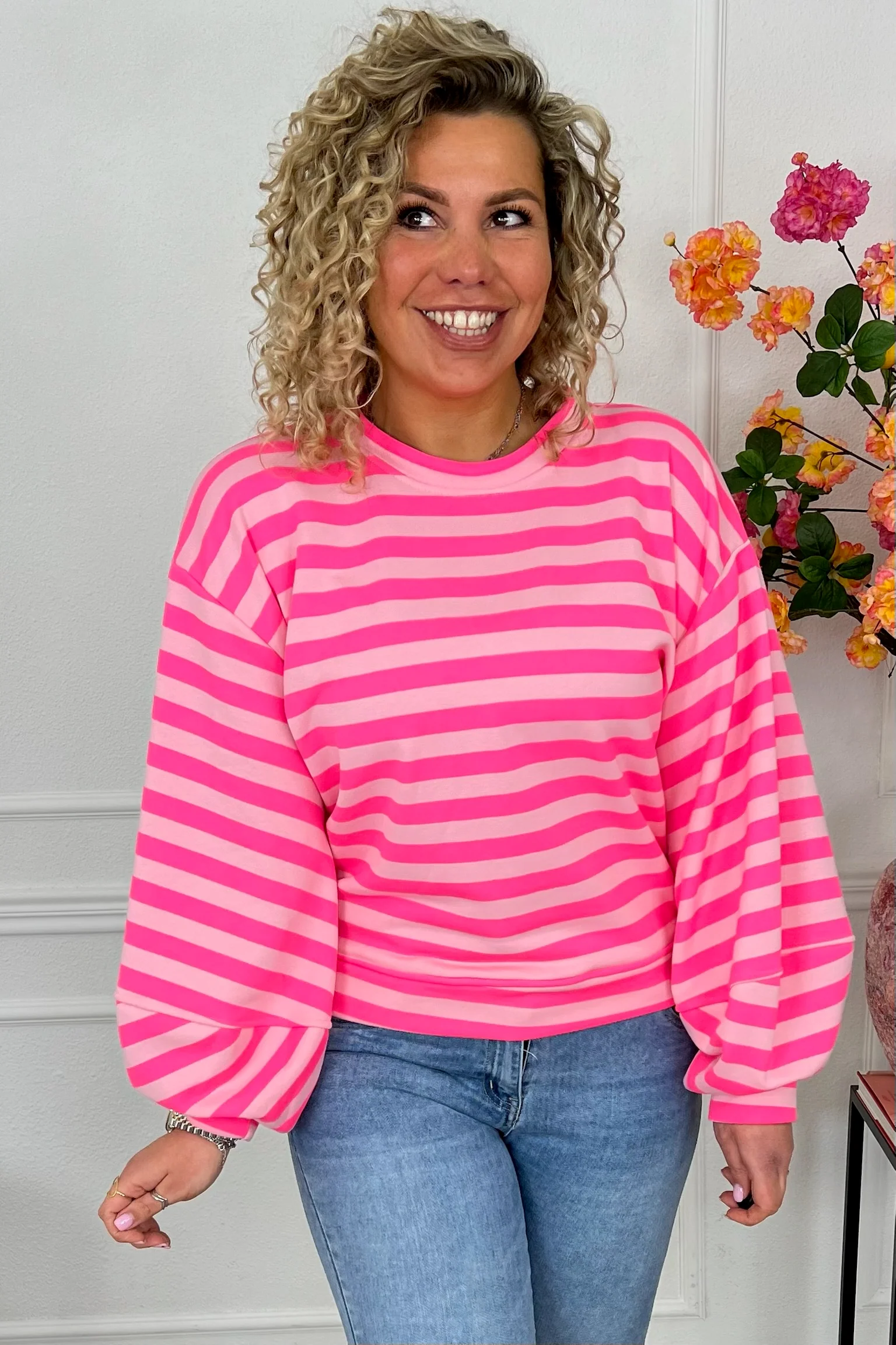 Striped Balloon Sleeve Sweater - Fuchsia/Pink - Image 7