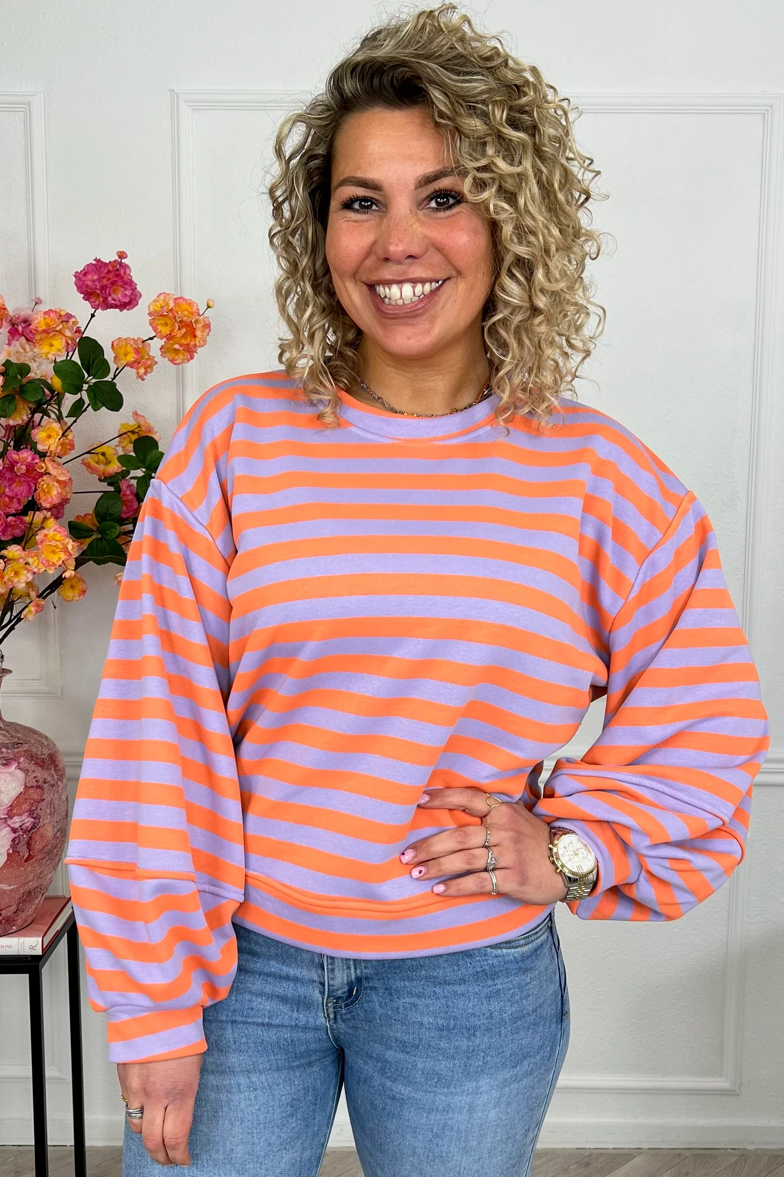 Striped Balloon Sleeve Sweater - Lila/Orange