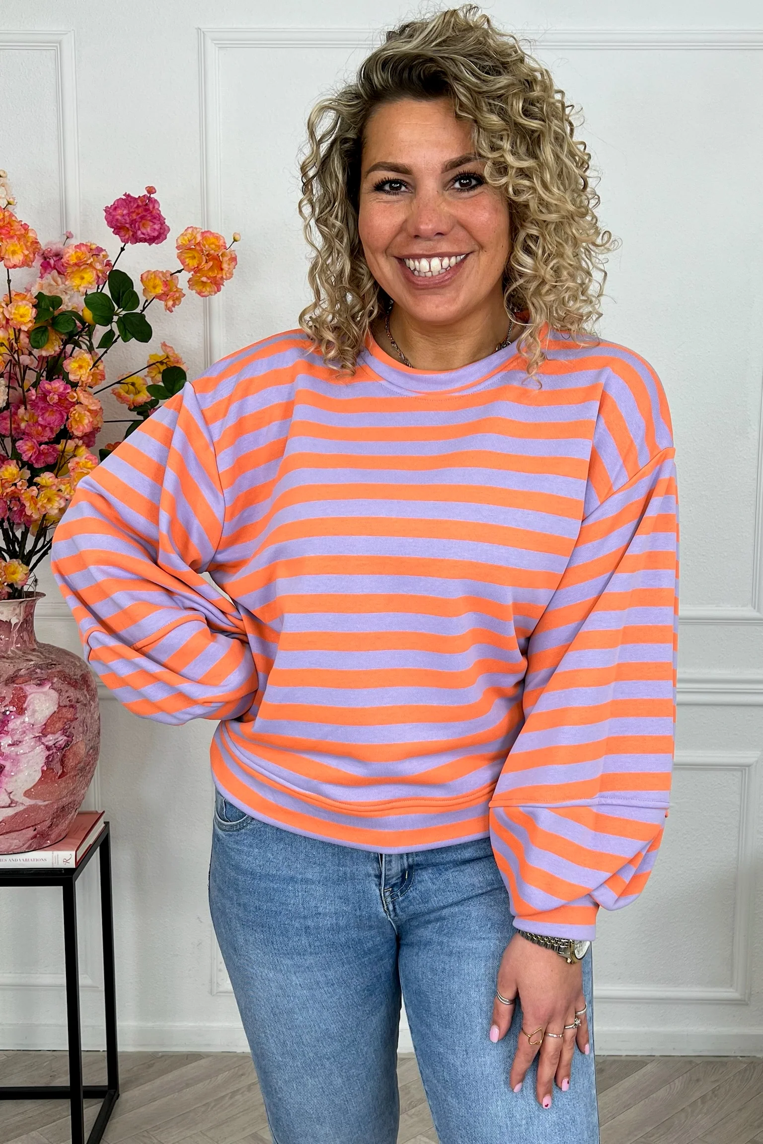 Striped Balloon Sleeve Sweater - Lila/Orange - Image 3
