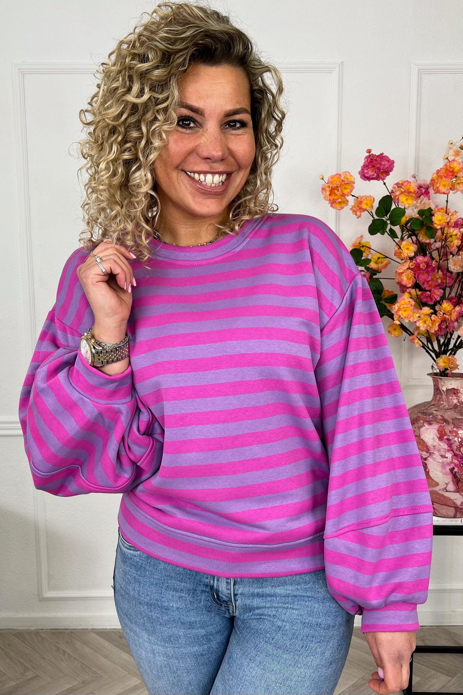 Striped Balloon Sleeve Sweater - Lila/Pink