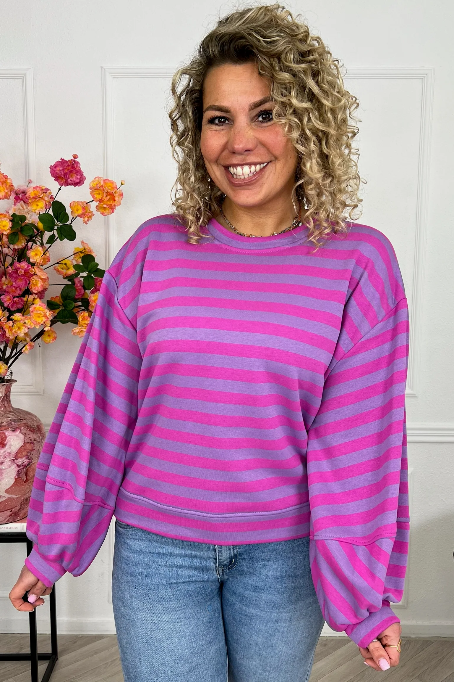 Striped Balloon Sleeve Sweater - Lila/Pink - Image 5