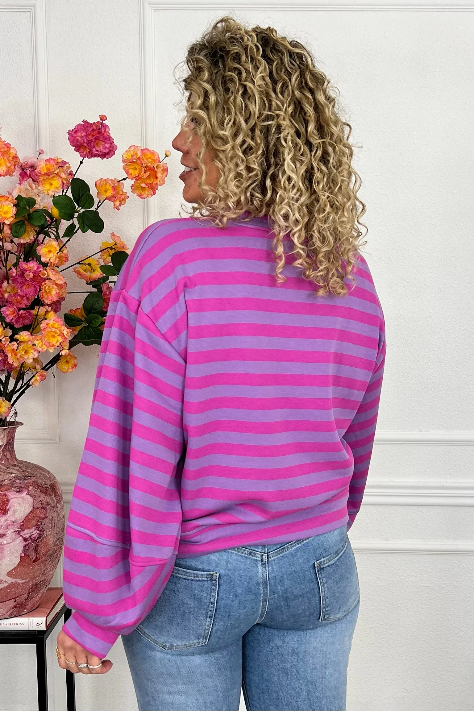 Striped Balloon Sleeve Sweater - Lila/Pink - Image 6