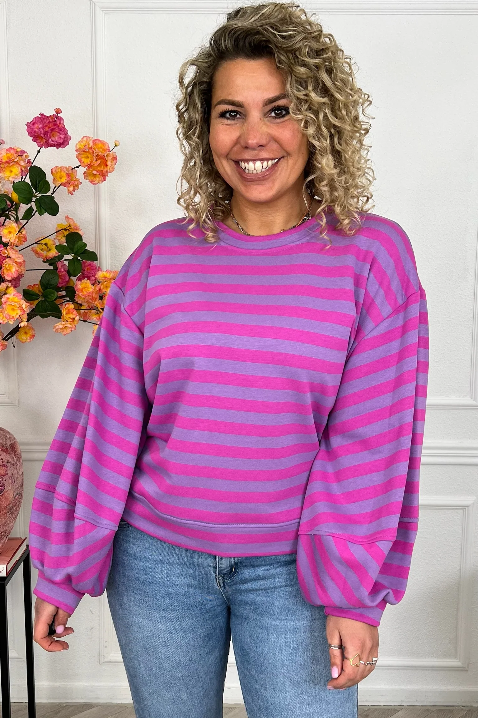 Striped Balloon Sleeve Sweater - Lila/Pink - Image 7