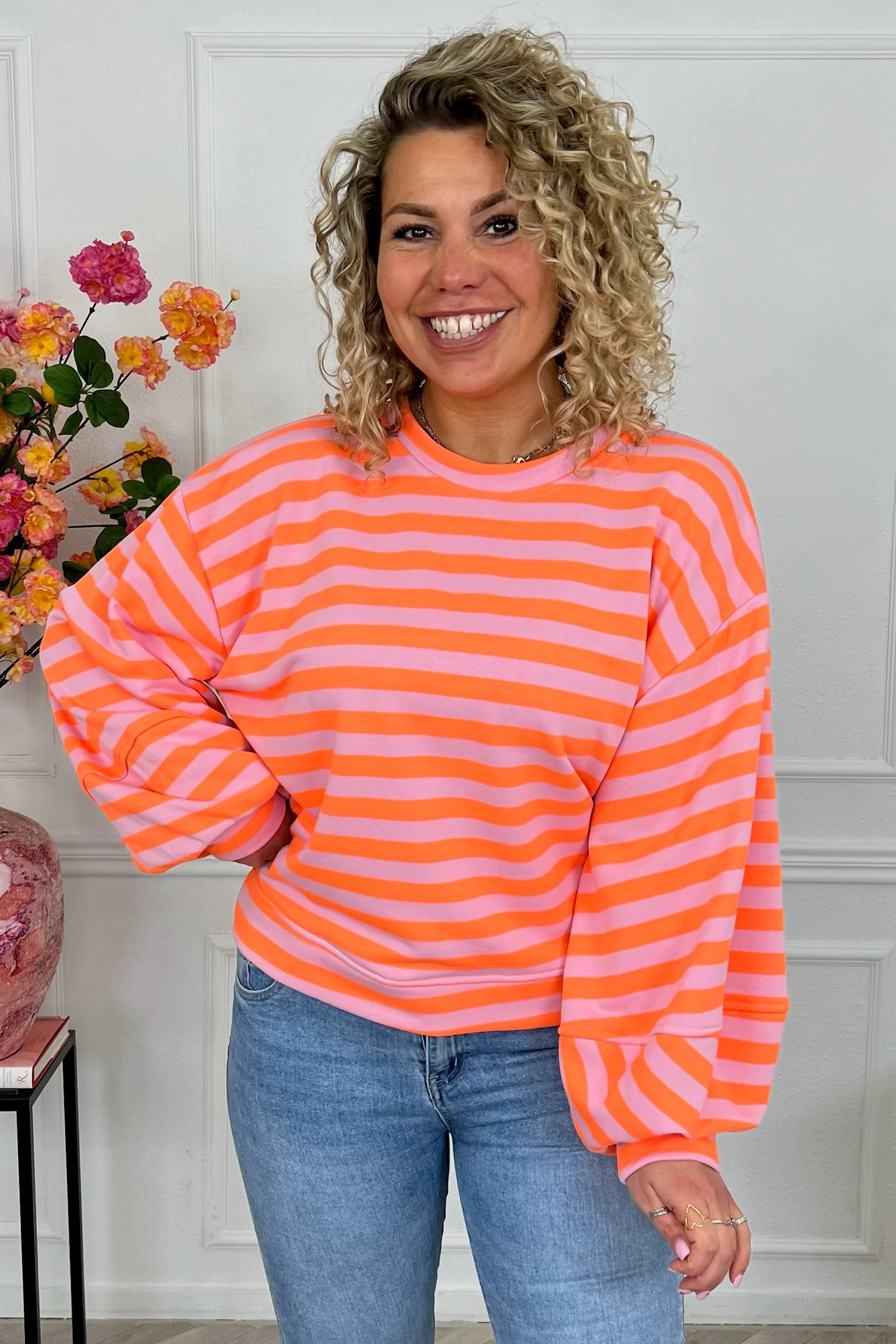 Striped Balloon Sleeve Sweater - Orange/Light Pink
