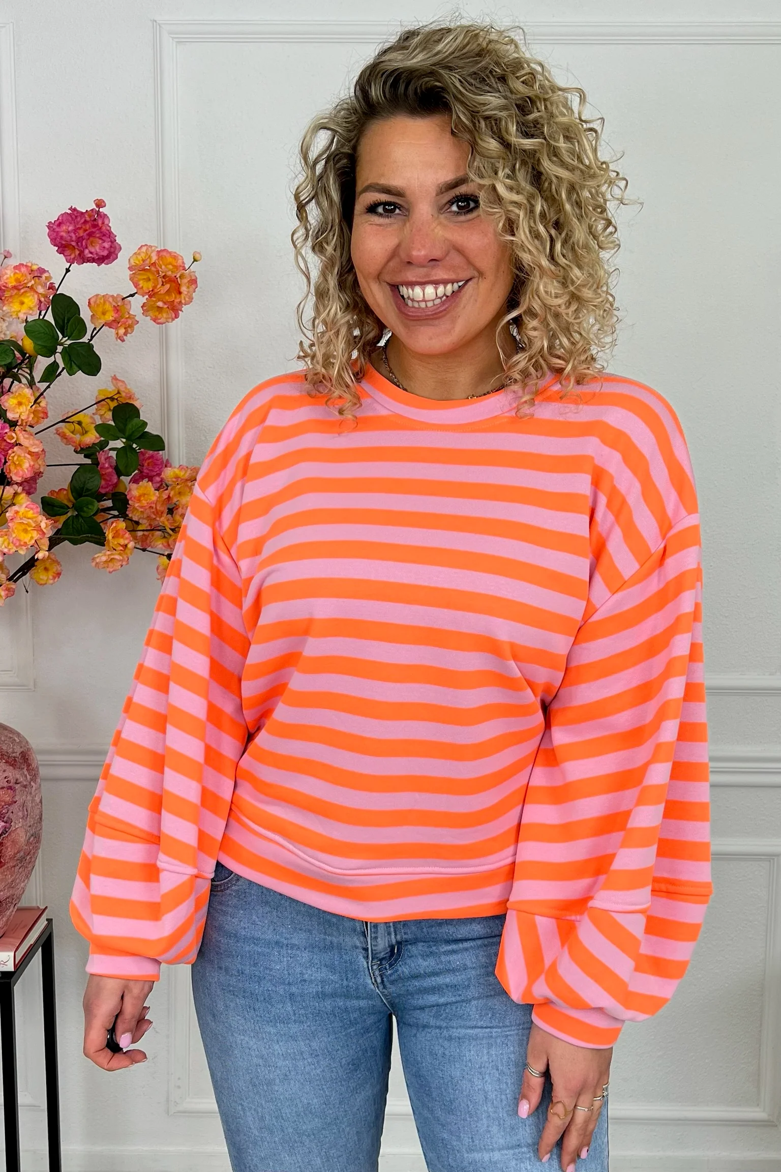 Striped Balloon Sleeve Sweater - Orange/Light Pink - Image 2