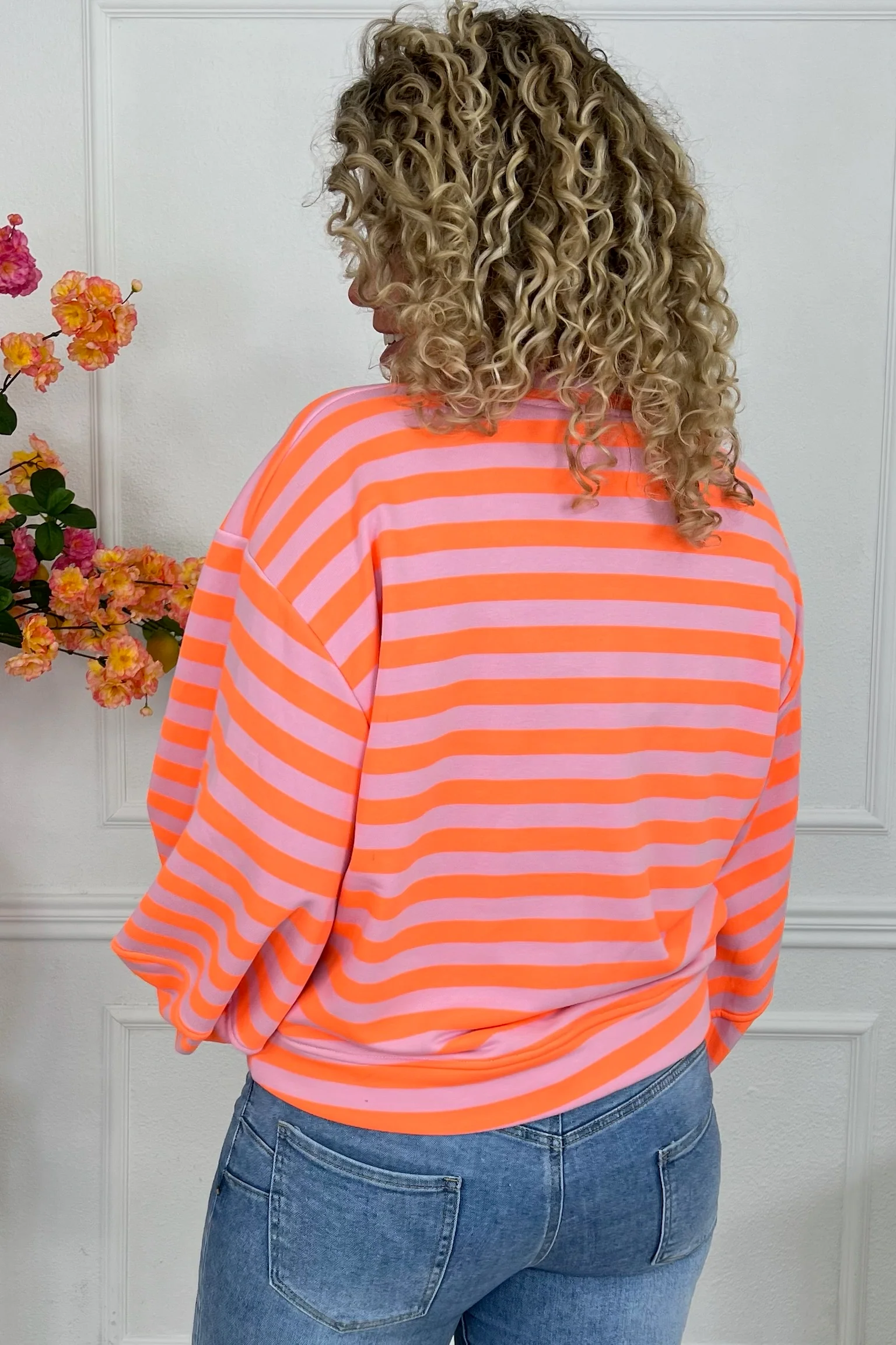 Striped Balloon Sleeve Sweater - Orange/Light Pink - Image 3