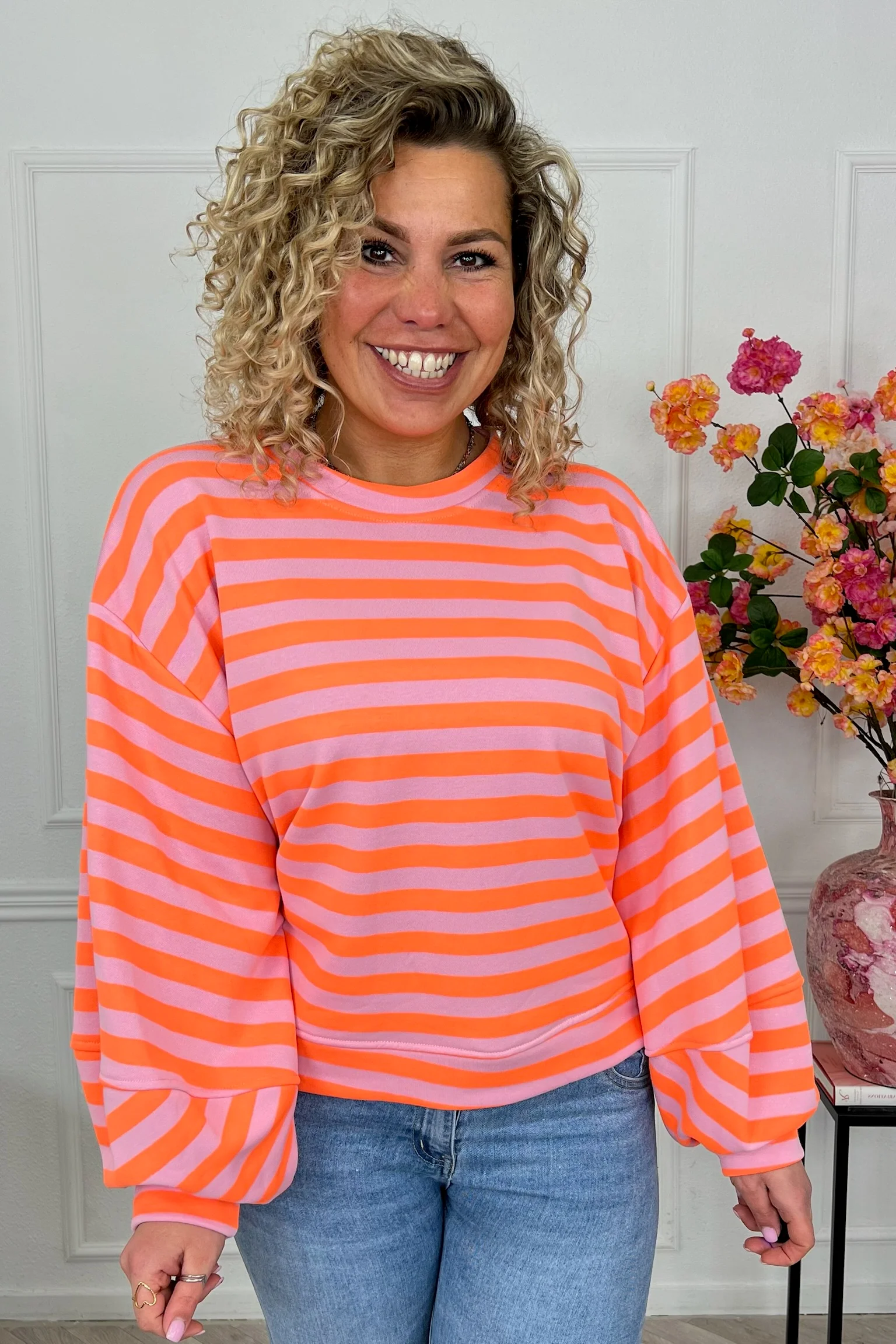 Striped Balloon Sleeve Sweater - Orange/Light Pink - Image 4