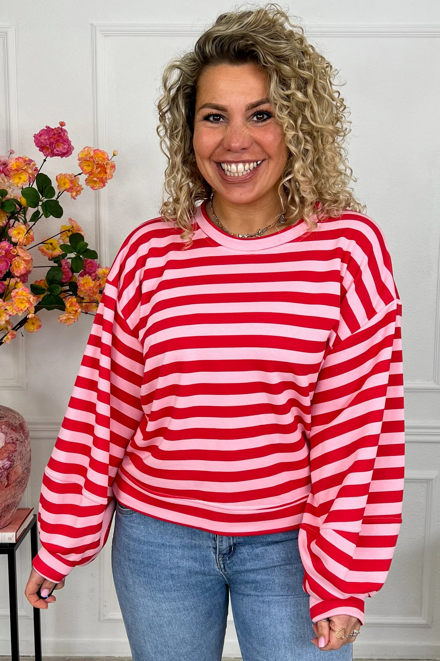 Striped Balloon Sleeve Sweater - Red/Light Pink