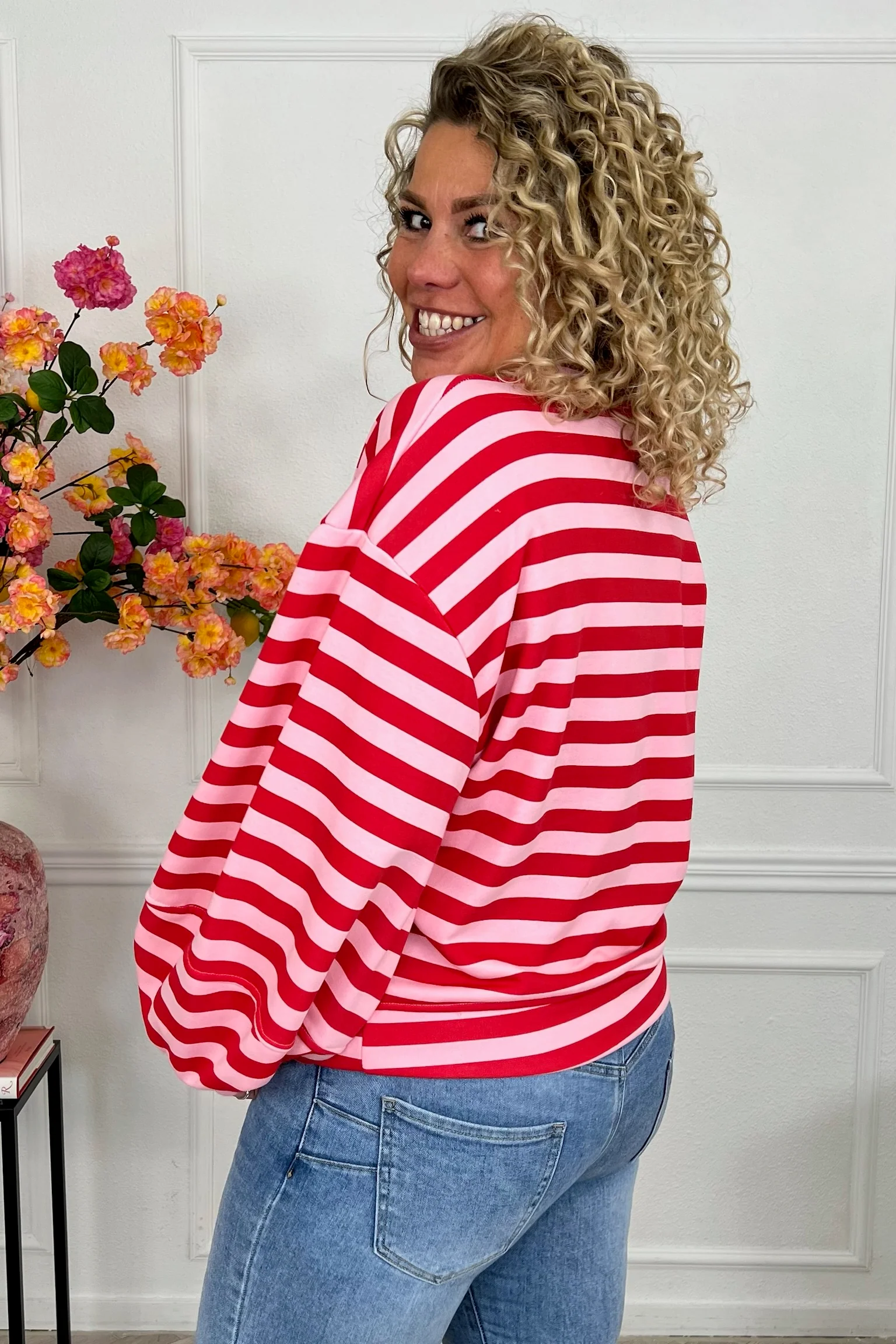 Striped Balloon Sleeve Sweater - Red/Light Pink - Image 2