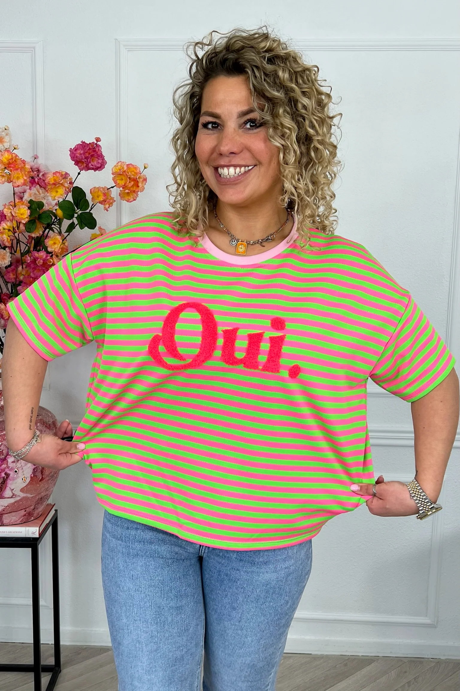 Striped Oui Shirt - Fuchsia/Lime - Image 3