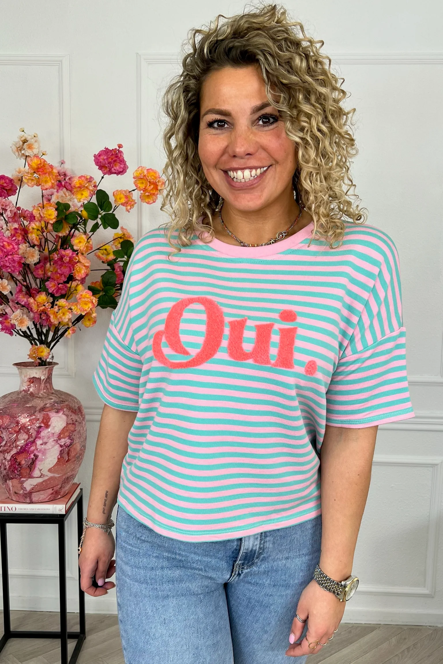Striped Oui Shirt - Pink/Green - Image 4