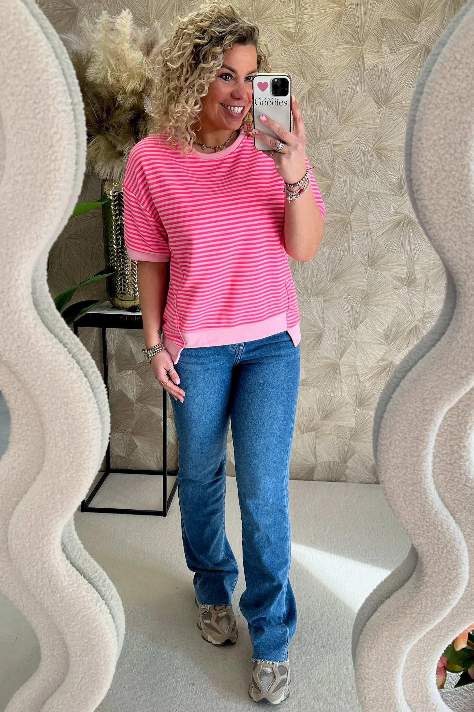 Striped Short Sleeve Sweater - Fuchsia/Light Pink - Image 2