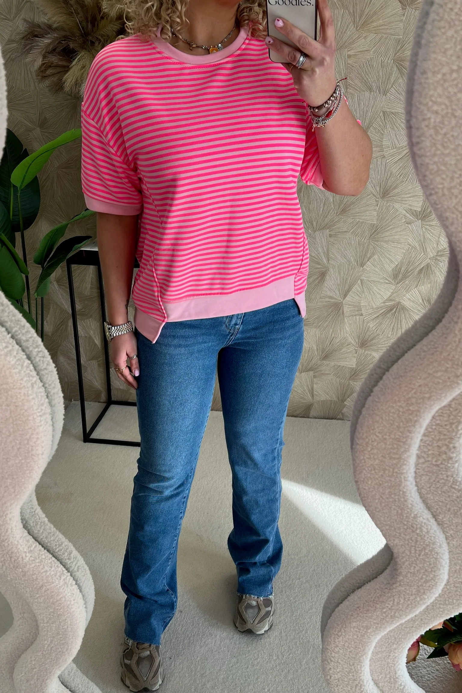 Striped Short Sleeve Sweater - Fuchsia/Light Pink - Image 3