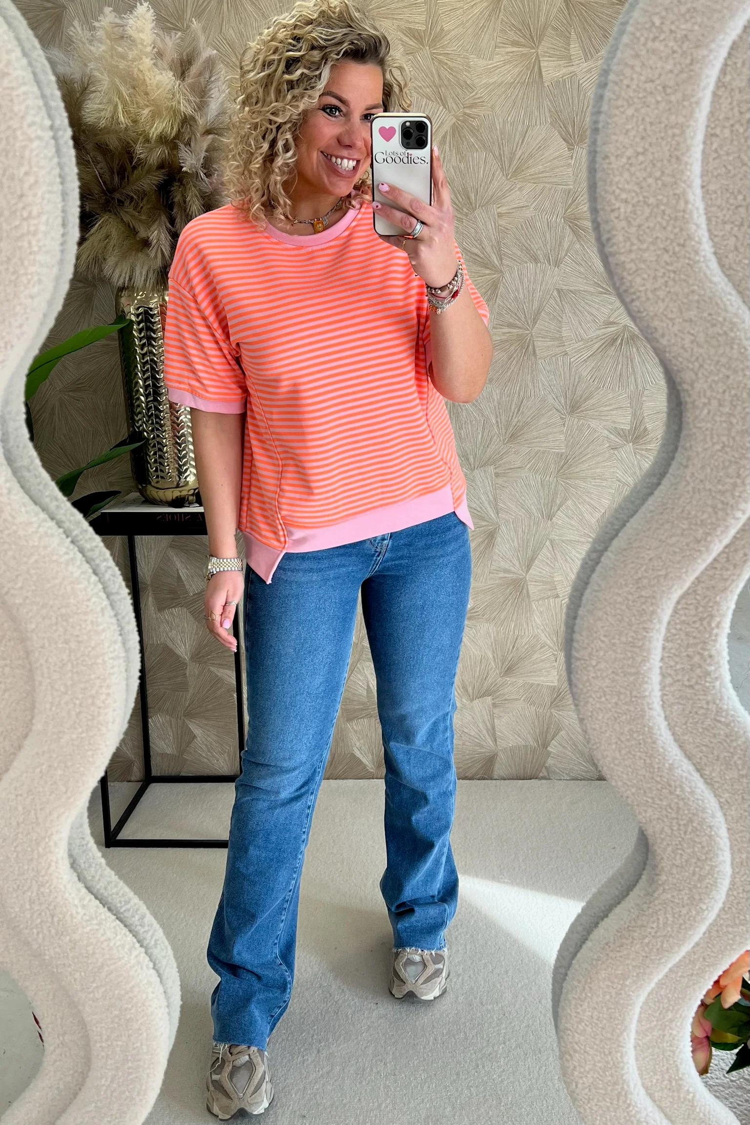 Striped Short Sleeve Sweater - Orange/Light Pink