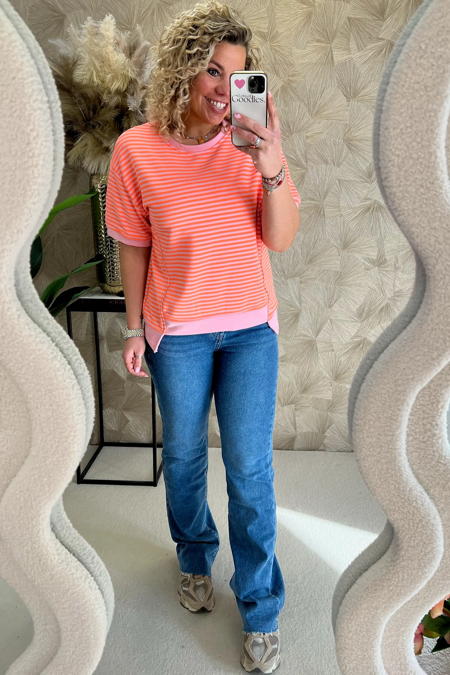 Striped Short Sleeve Sweater - Orange/Light Pink - Image 2