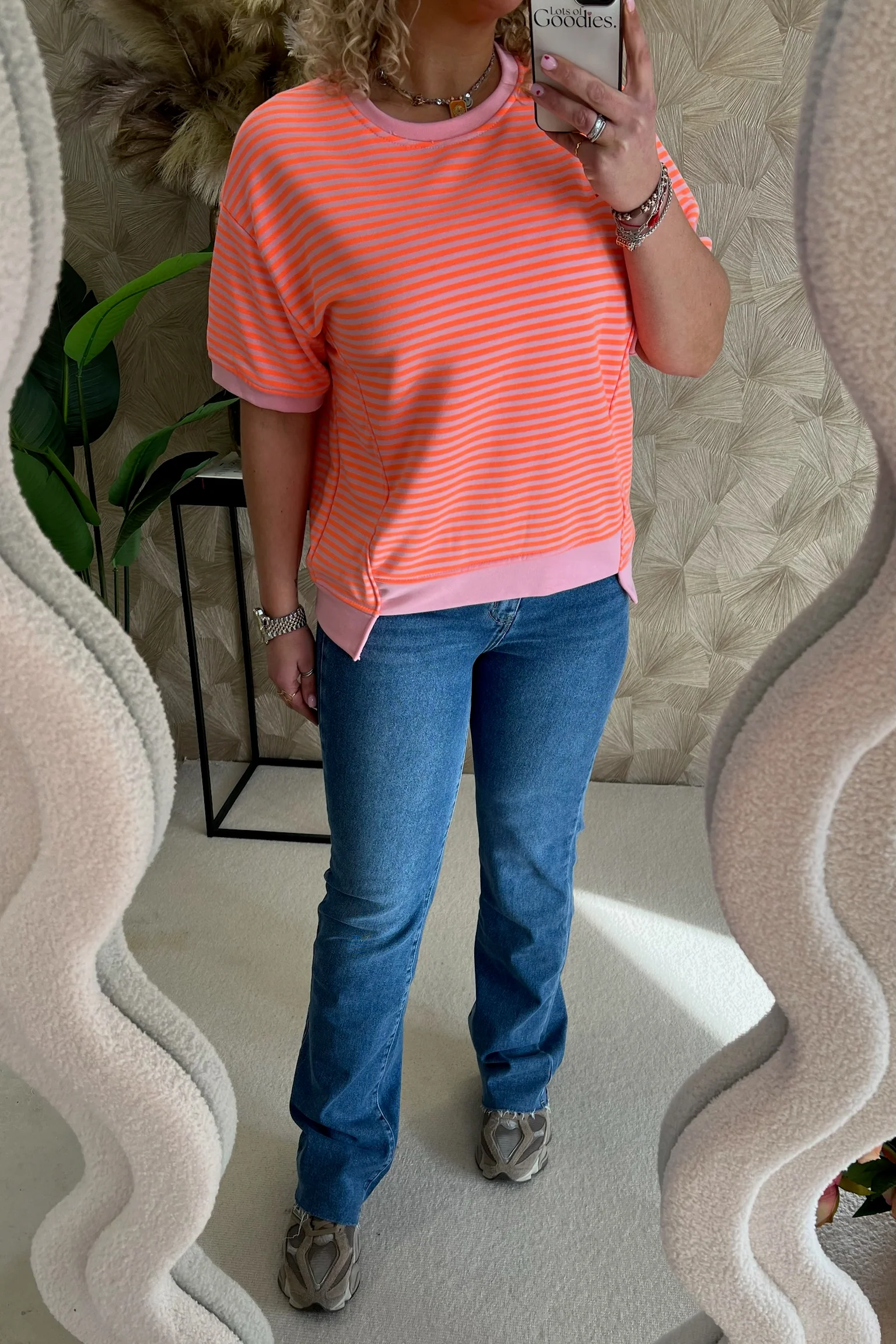 Striped Short Sleeve Sweater - Orange/Light Pink - Image 3