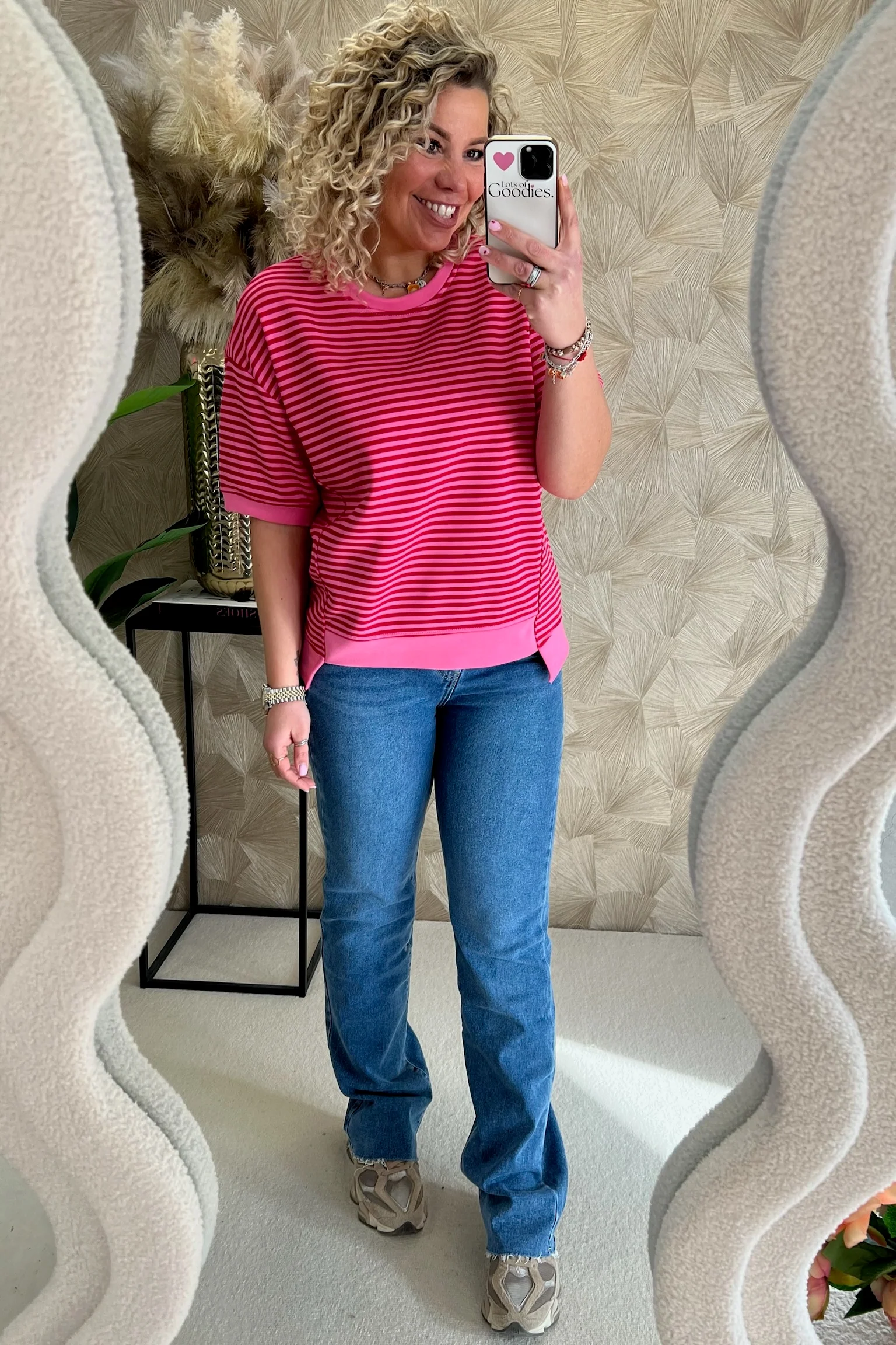 Striped Short Sleeve Sweater - Red/Pink