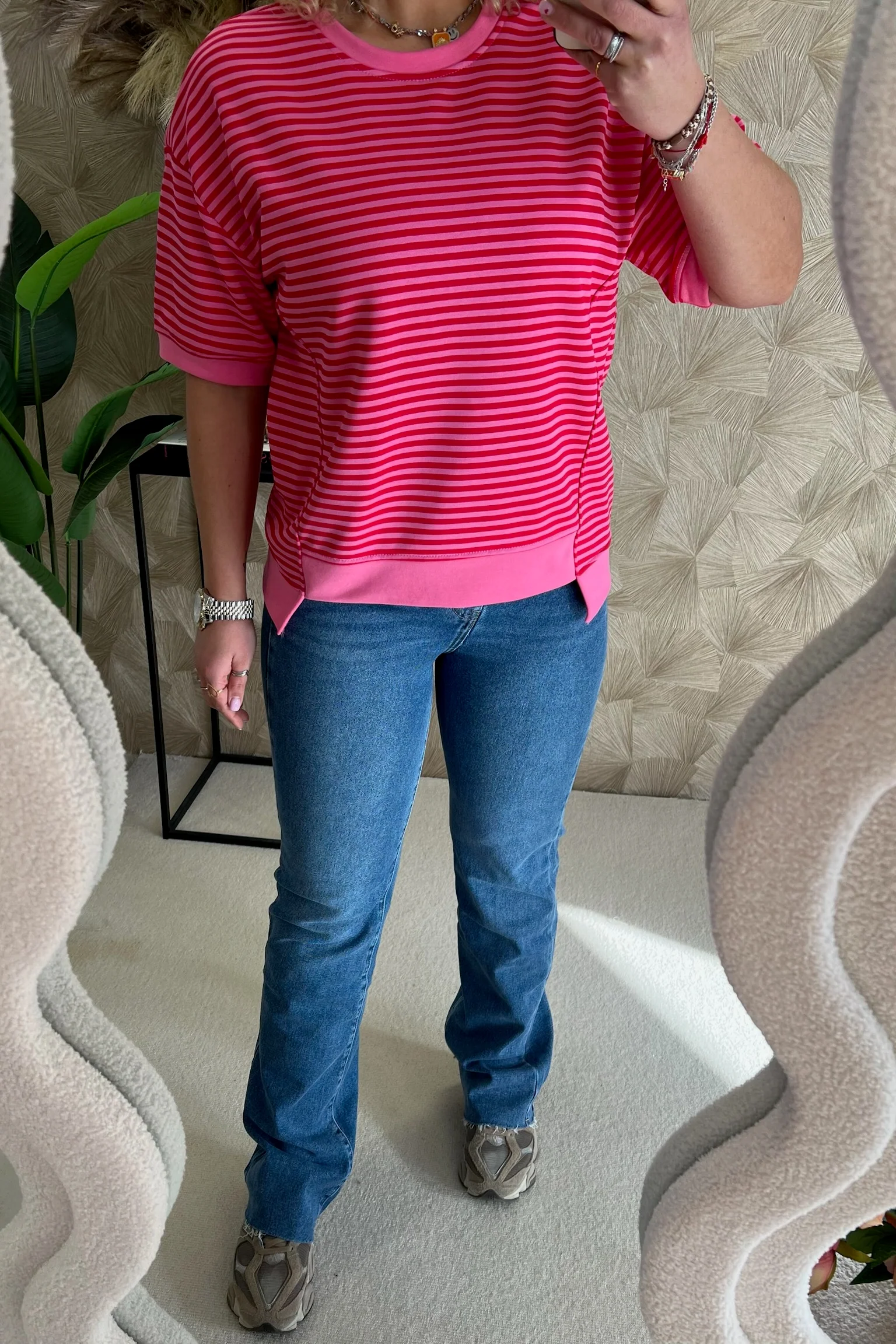 Striped Short Sleeve Sweater - Red/Pink - Image 2