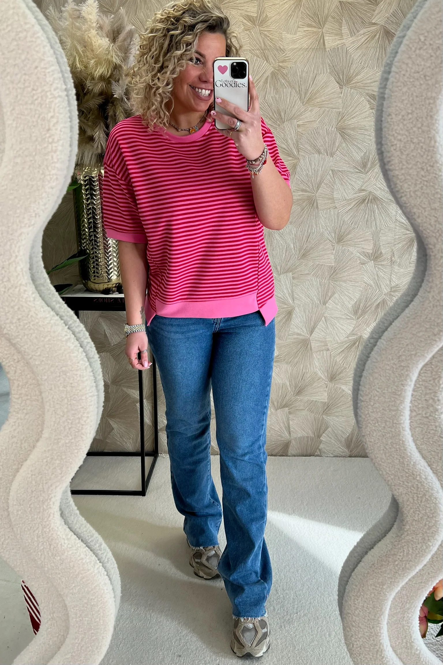 Striped Short Sleeve Sweater - Red/Pink - Image 3