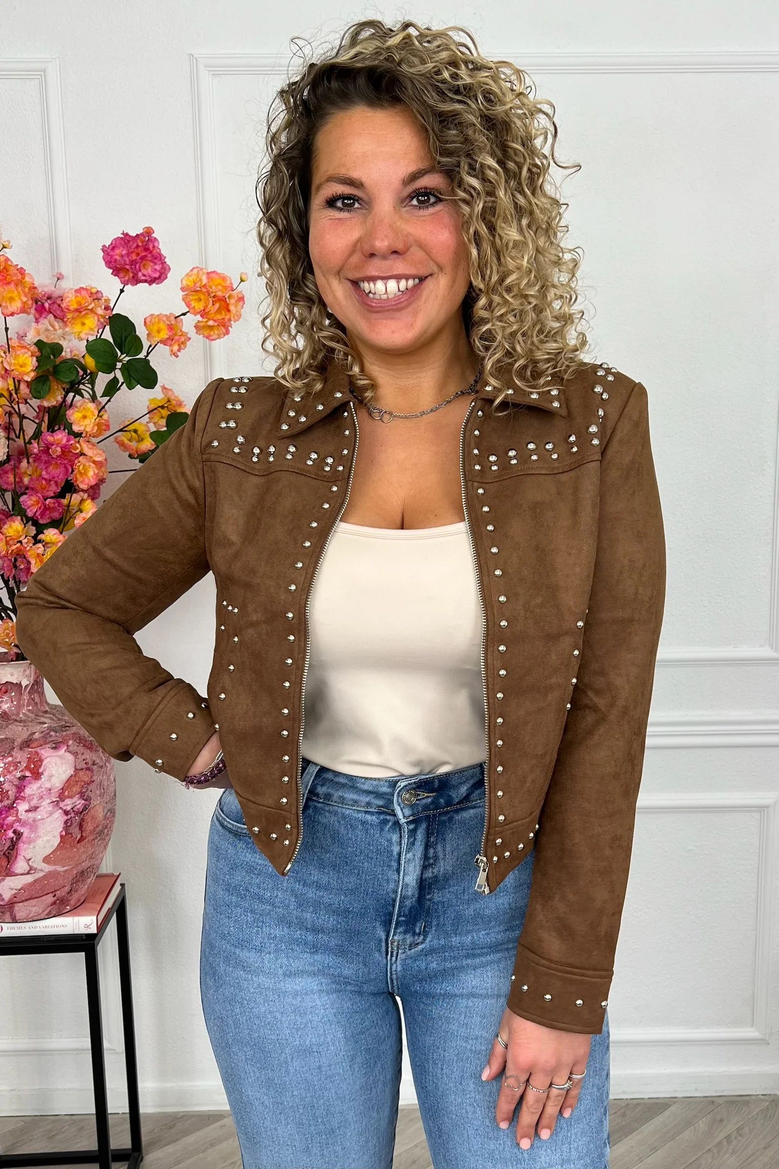 Studded Suedine Jacket - Brown