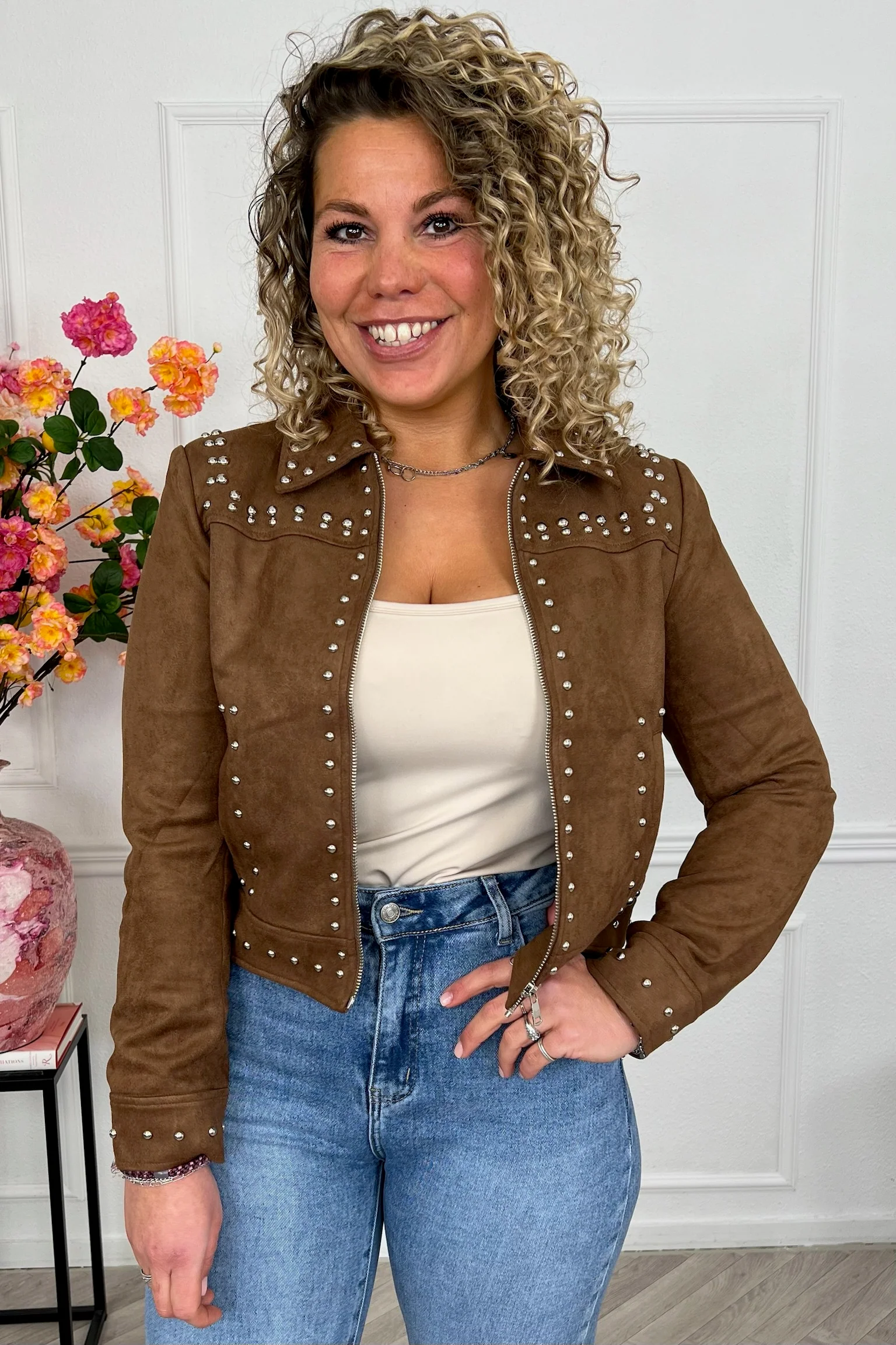 Studded Suedine Jacket - Brown - Image 2