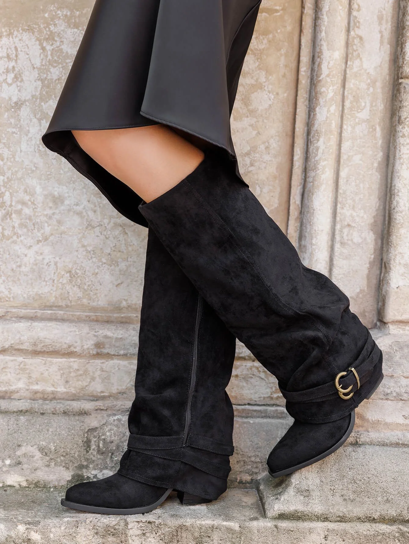Suede Double Buckle Boots - Black