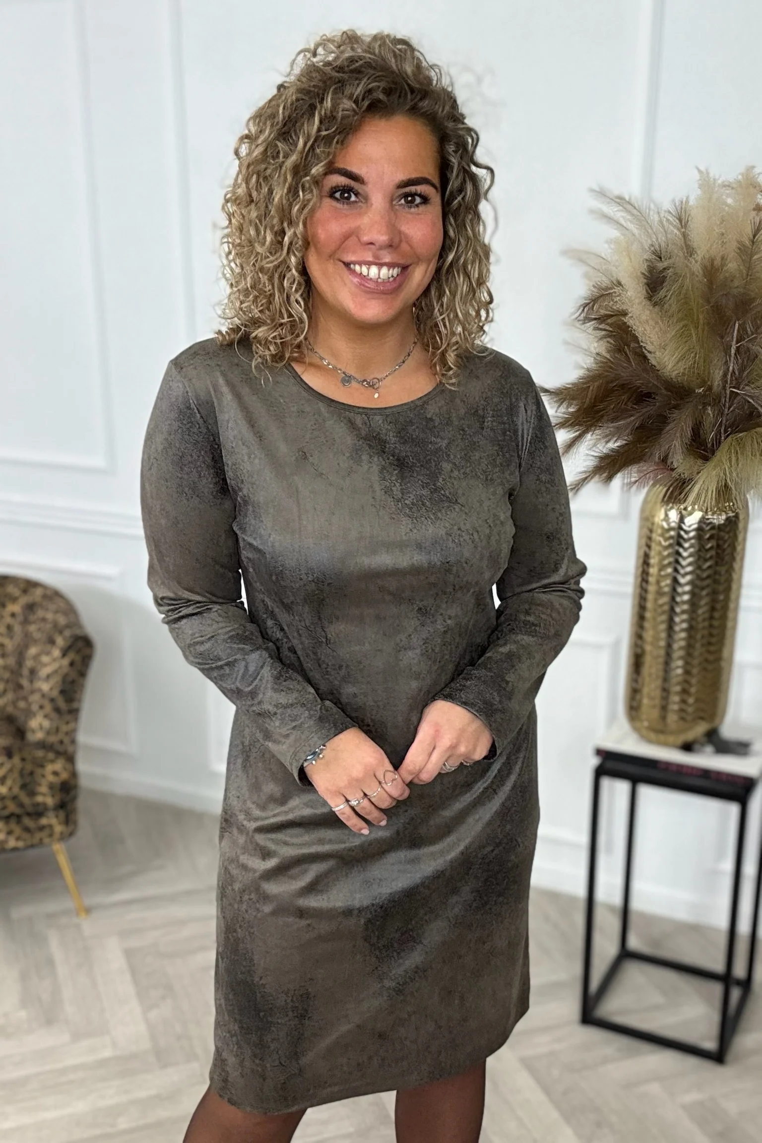 Suede Leather Look Dress - Taupe - Image 5