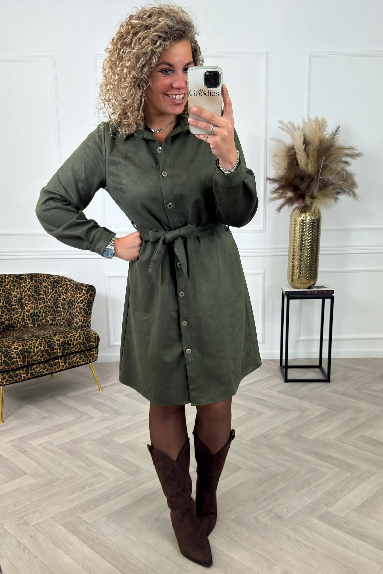Suedine Strik Dress - Armygreen - Image 5
