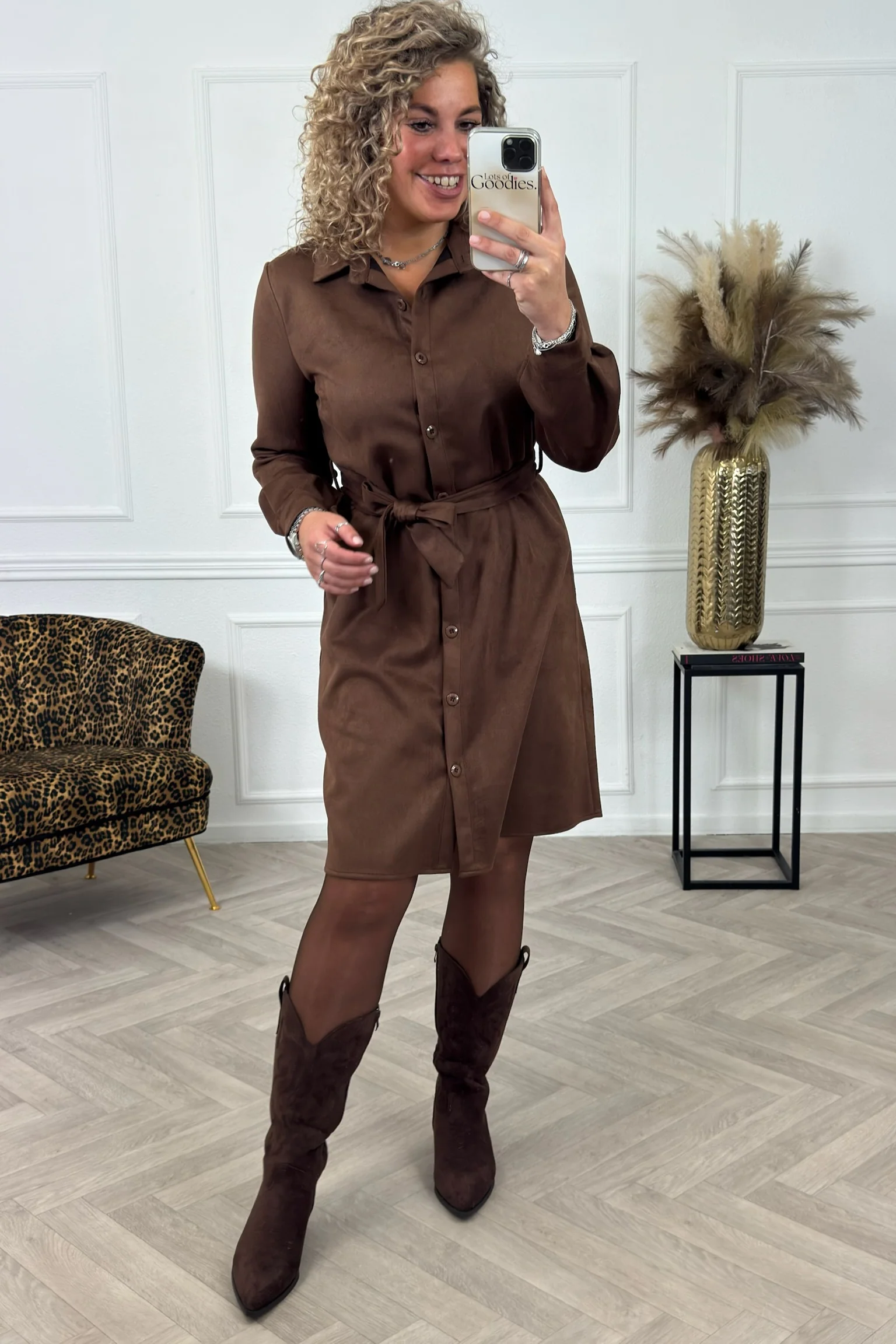 Suedine Strik Dress - Brown - Image 2