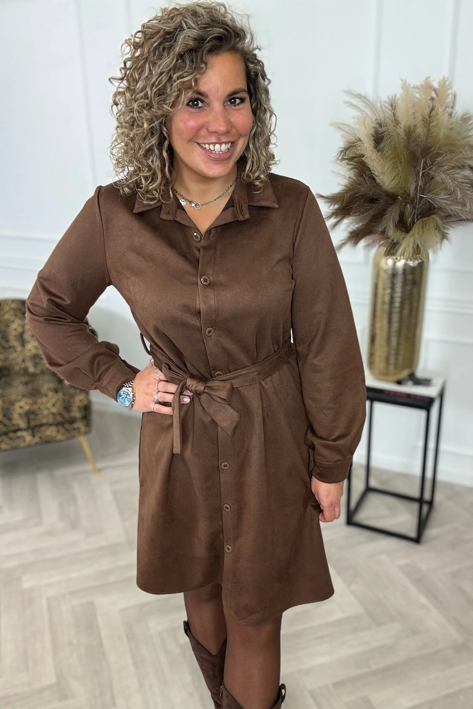 Suedine Strik Dress - Brown - Image 5