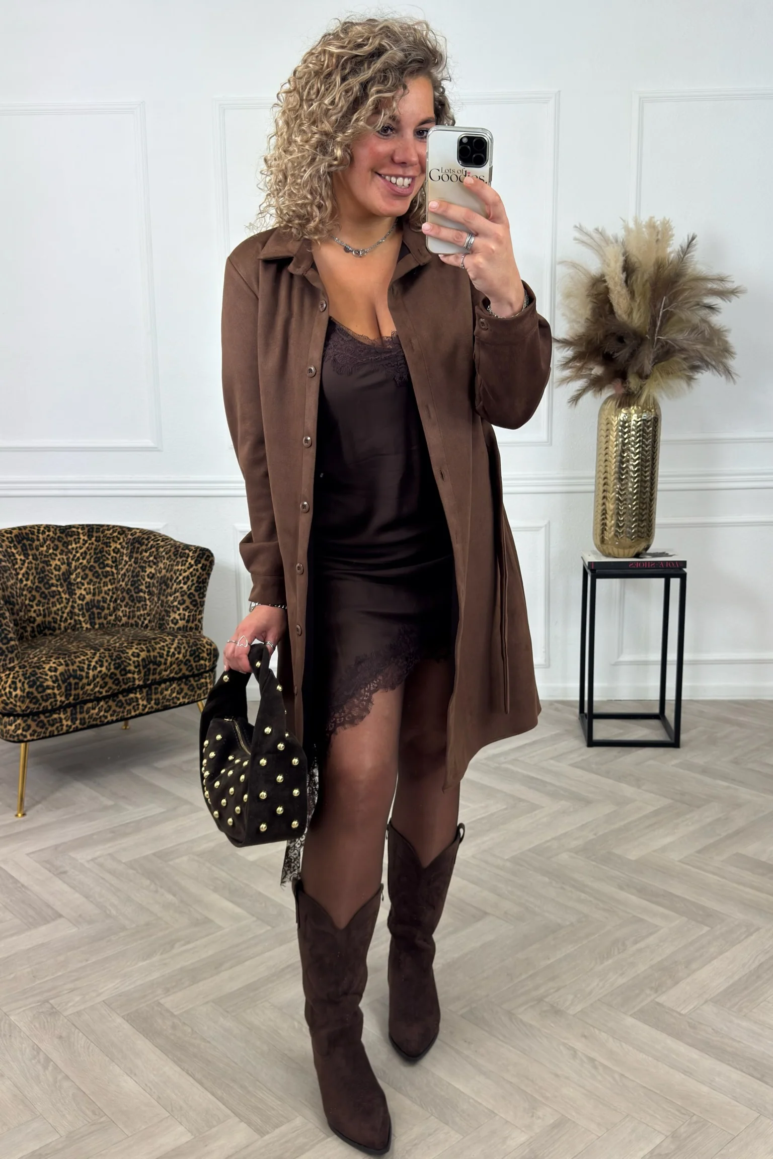 Suedine Strik Dress - Brown - Image 7