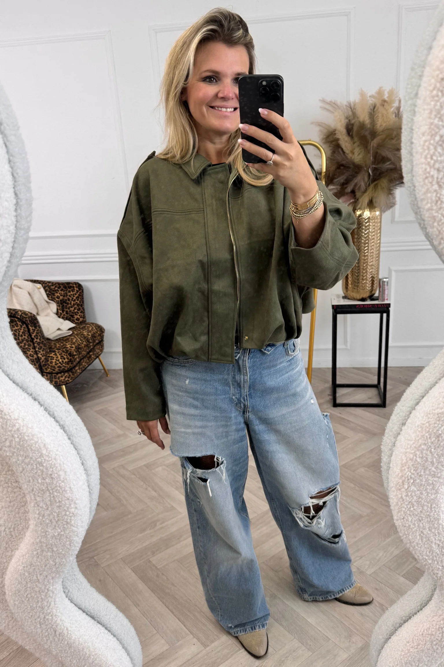 Suedine Bomber Jacket - Armygreen - Image 2