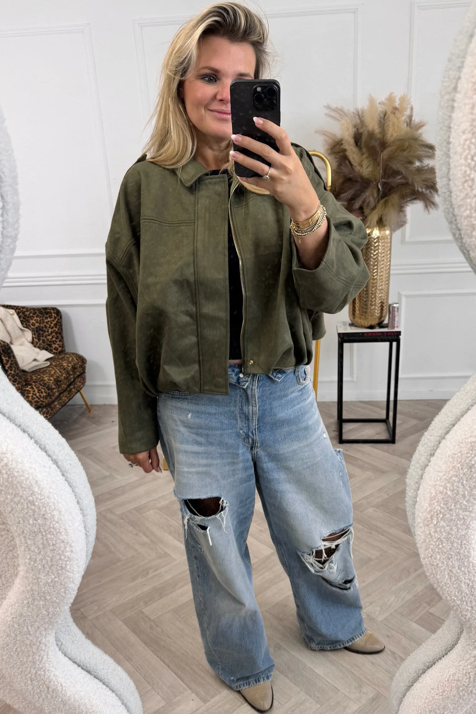 Suedine Bomber Jacket - Armygreen - Image 3