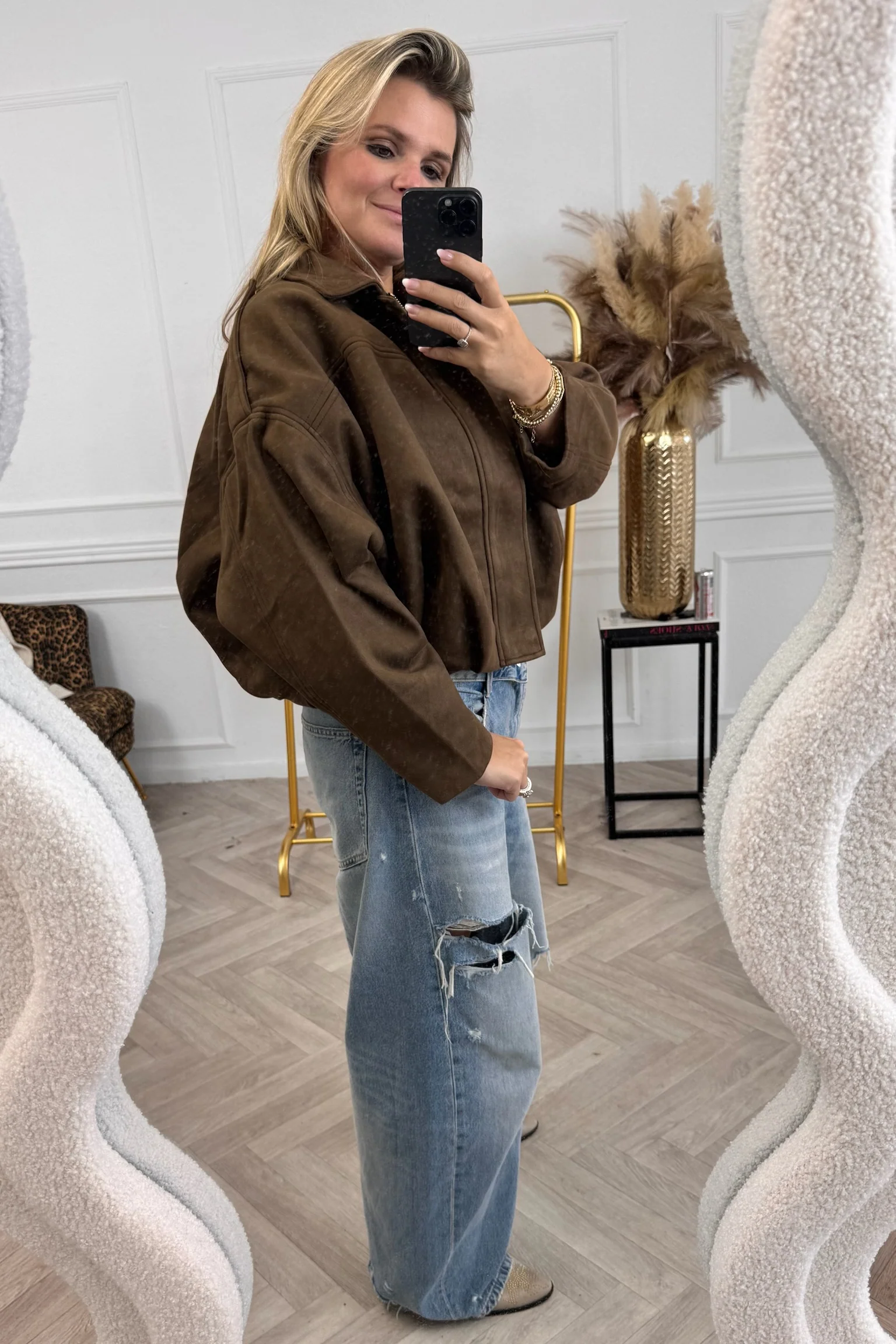 Suedine Bomber Jacket - Brown - Image 3