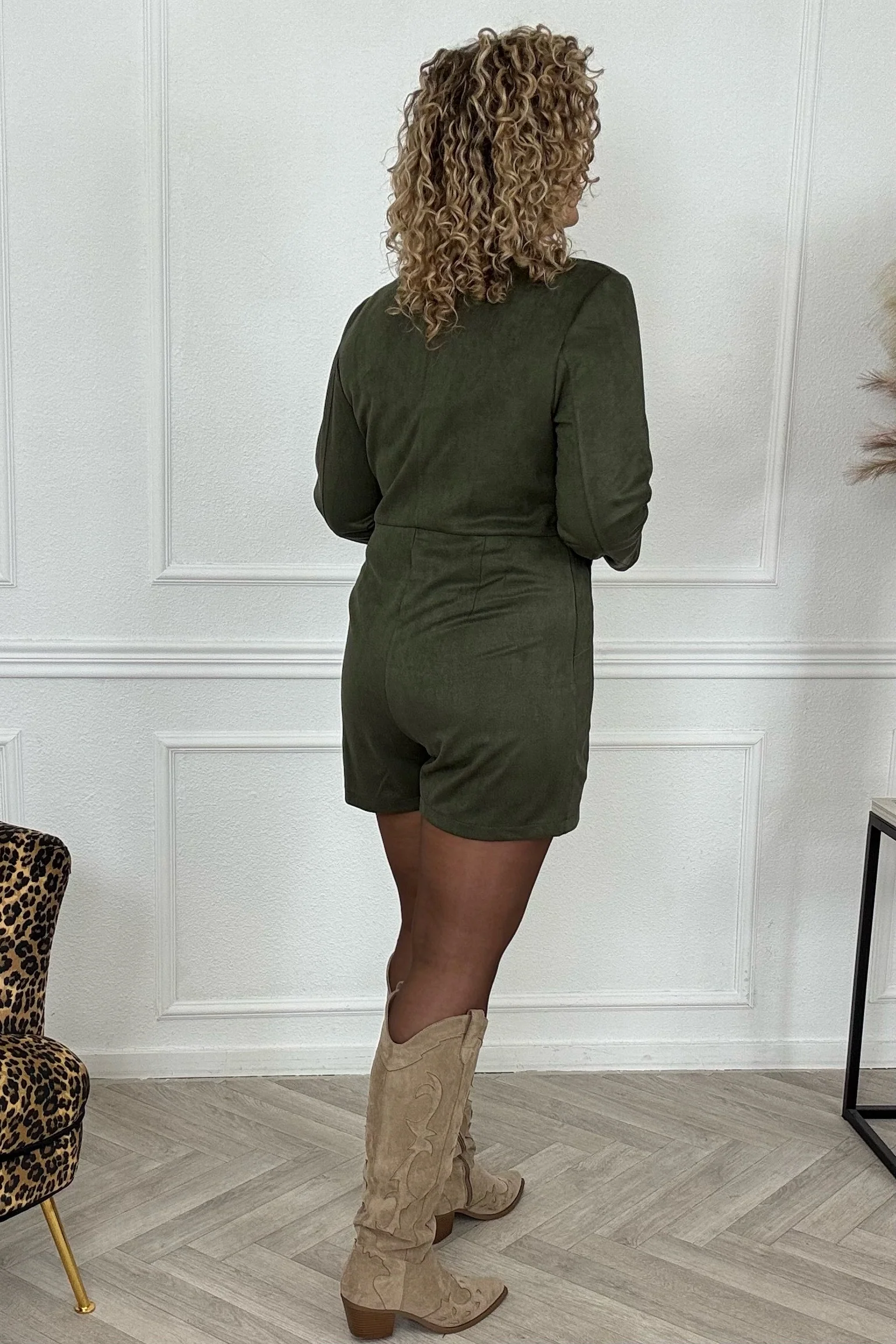 Suedine Button Playsuit - Armygreen - Image 3