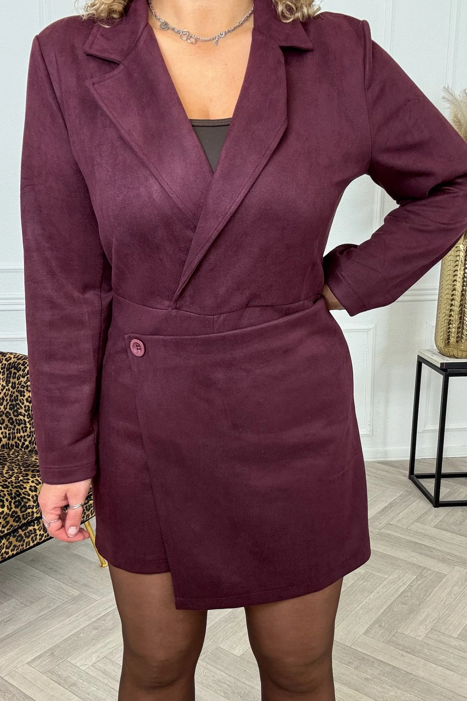 Suedine Button Playsuit - Bordeaux - Image 2