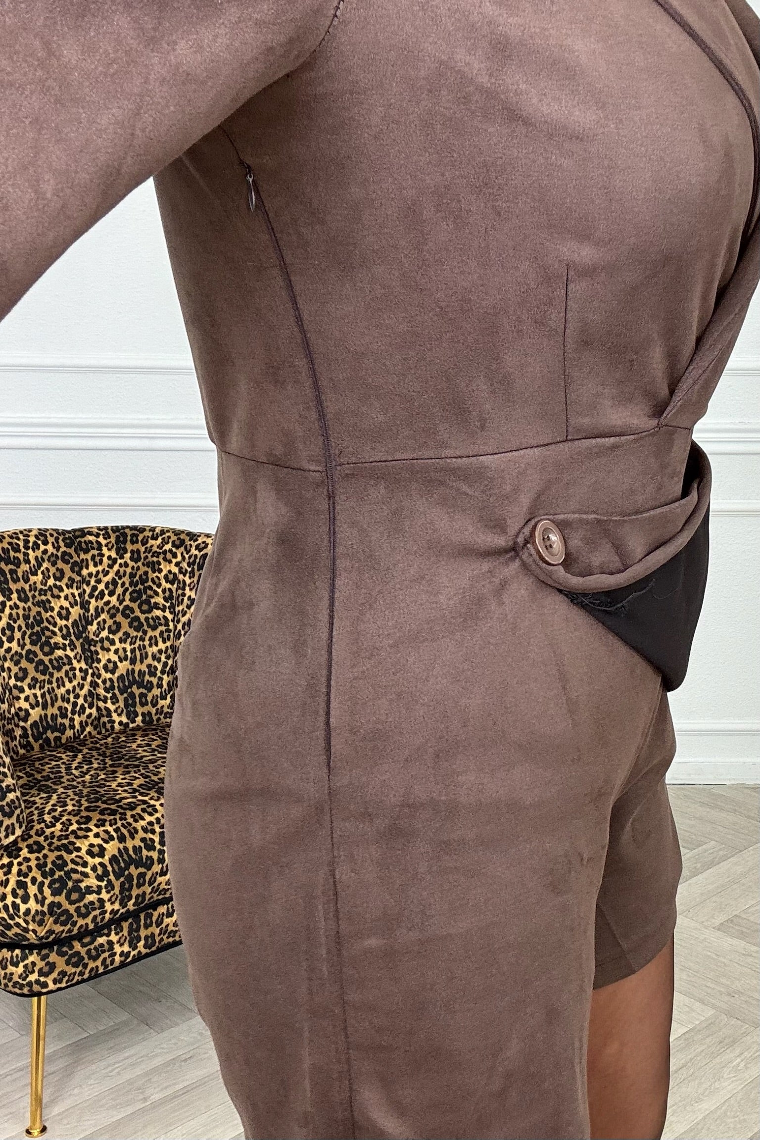 Suedine Button Playsuit - Brown - Image 4